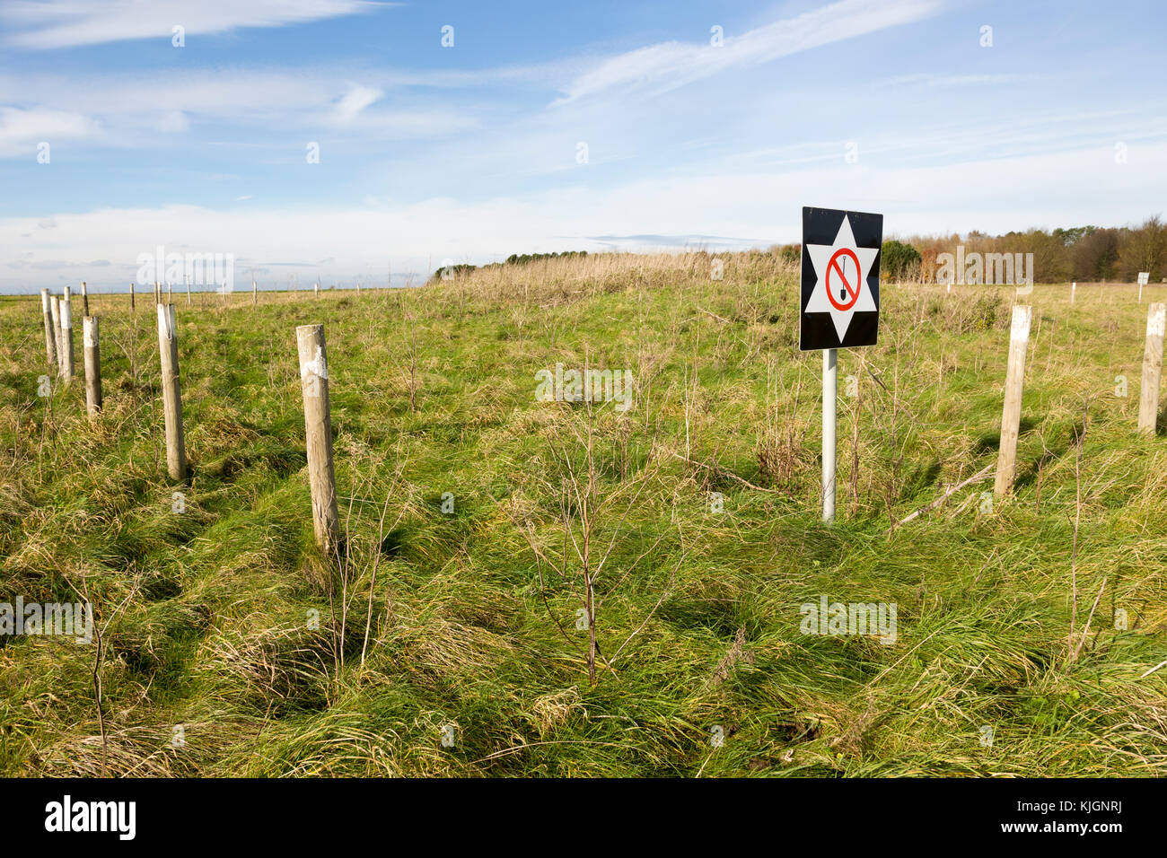 Protective sign warning against digging at an archaeological site on Salisbury Plain, Wiltshire, England, UK Stock Photo