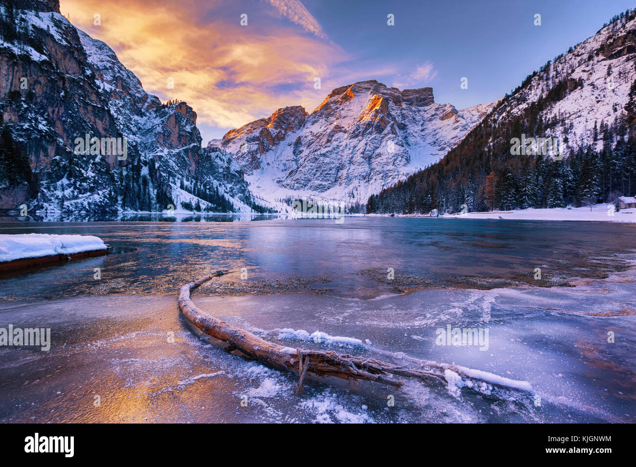 winter sunrise over Lago di Braies, Dolomites, Italy Stock Photo