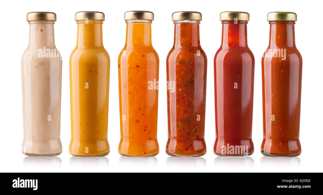the various barbecue sauces in glass bottles Stock Photo Alamy