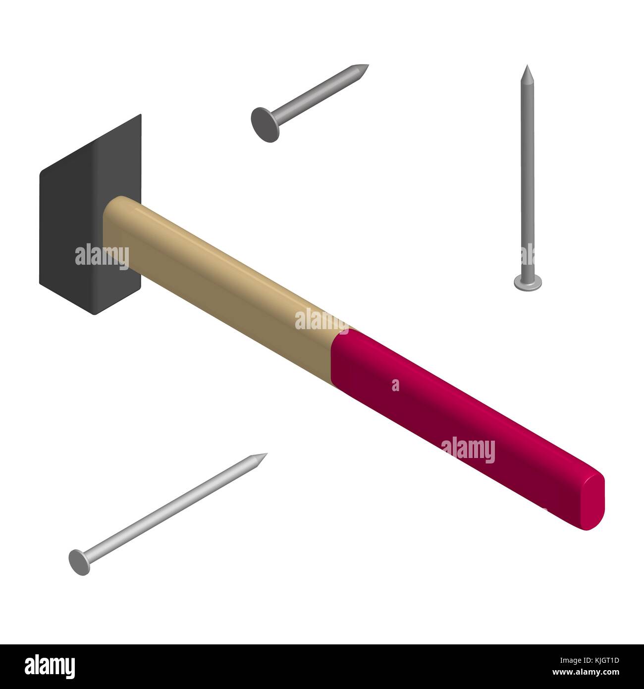 Hammer and nails isolated on white background. Elements design of the working tool and fasteners. Flat 3d isometric style, vector illustration. Stock Vector