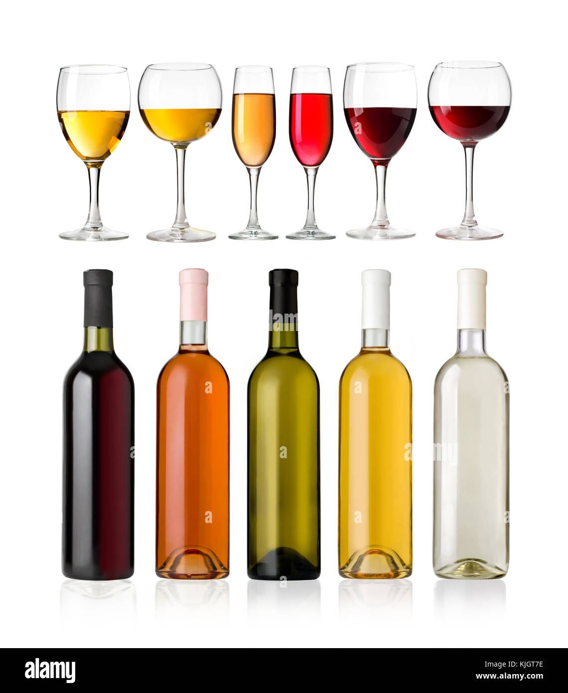 Set of white, rose, and red wine bottles and glas. isolated on white ...