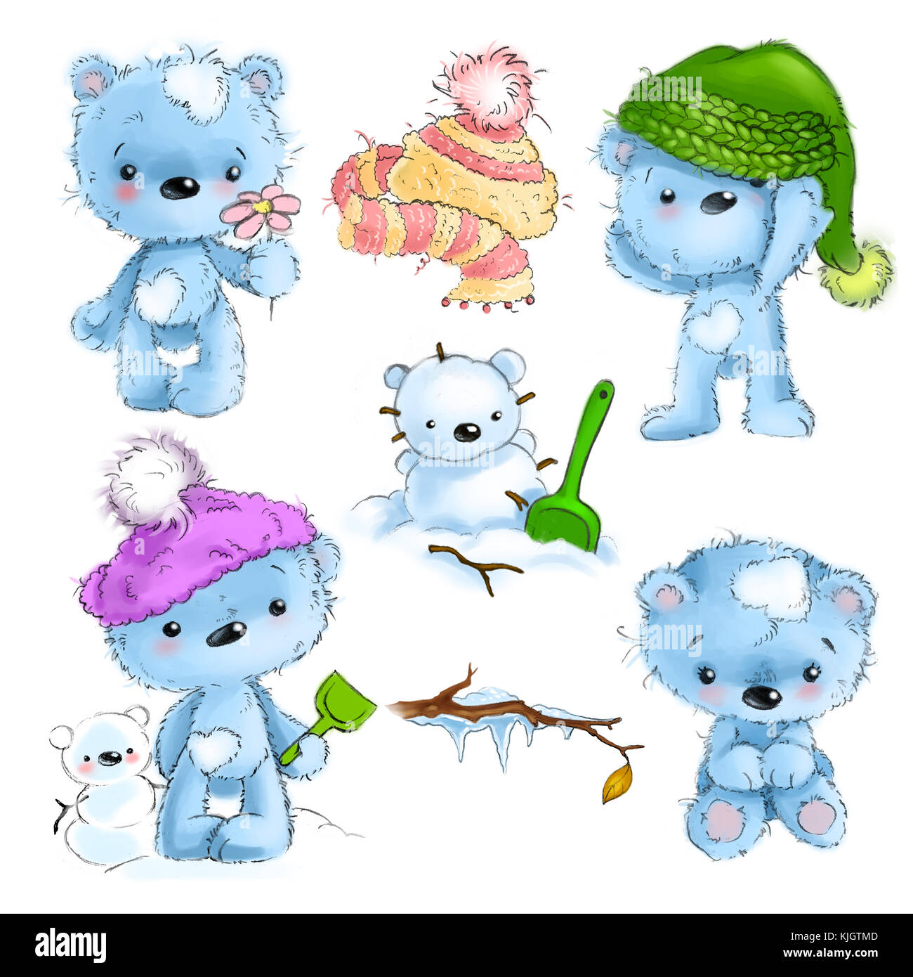 Set of cute teddy bear character standing, sitting, playing, cartoon illustration isolated on white background. Stock Photo