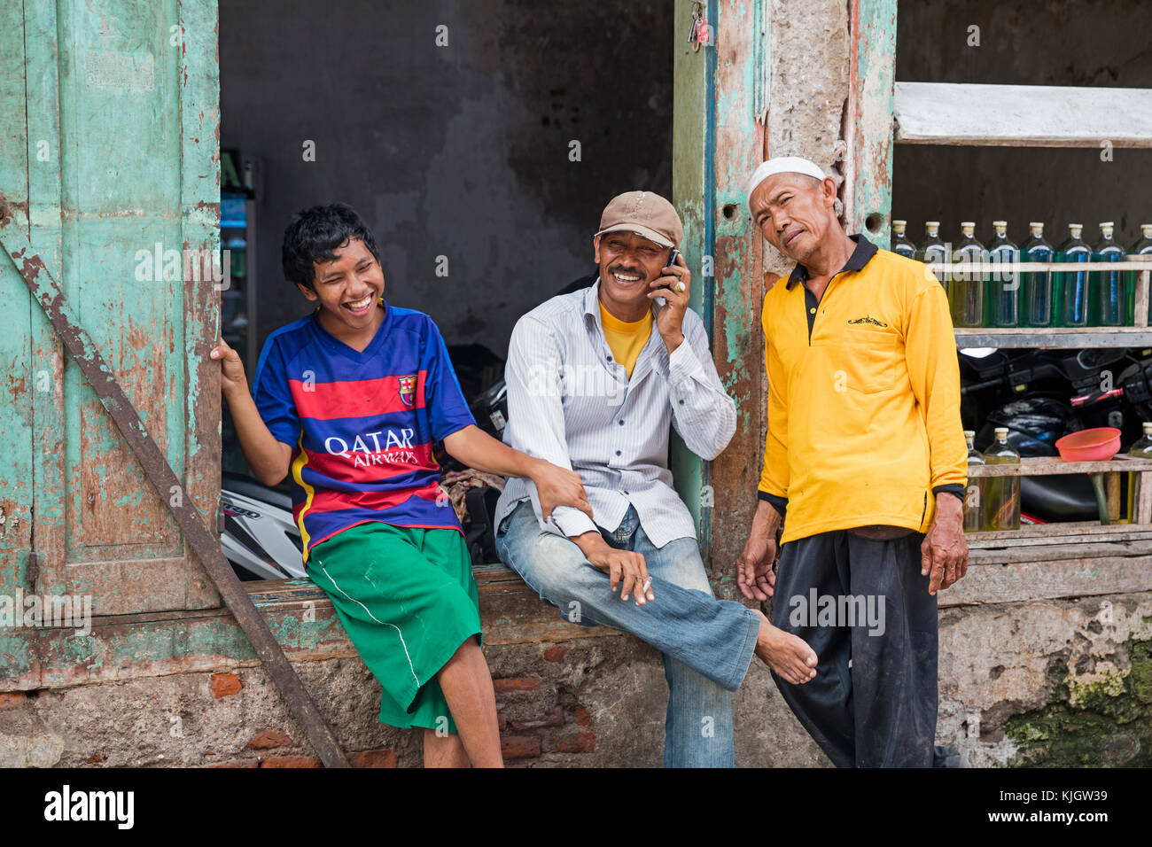 Javanese men in Chinatown / Kya-Kya / Kembang Jepun at Surabaya, capital city of Jawa Timur / East Java, Indonesia Stock Photo
