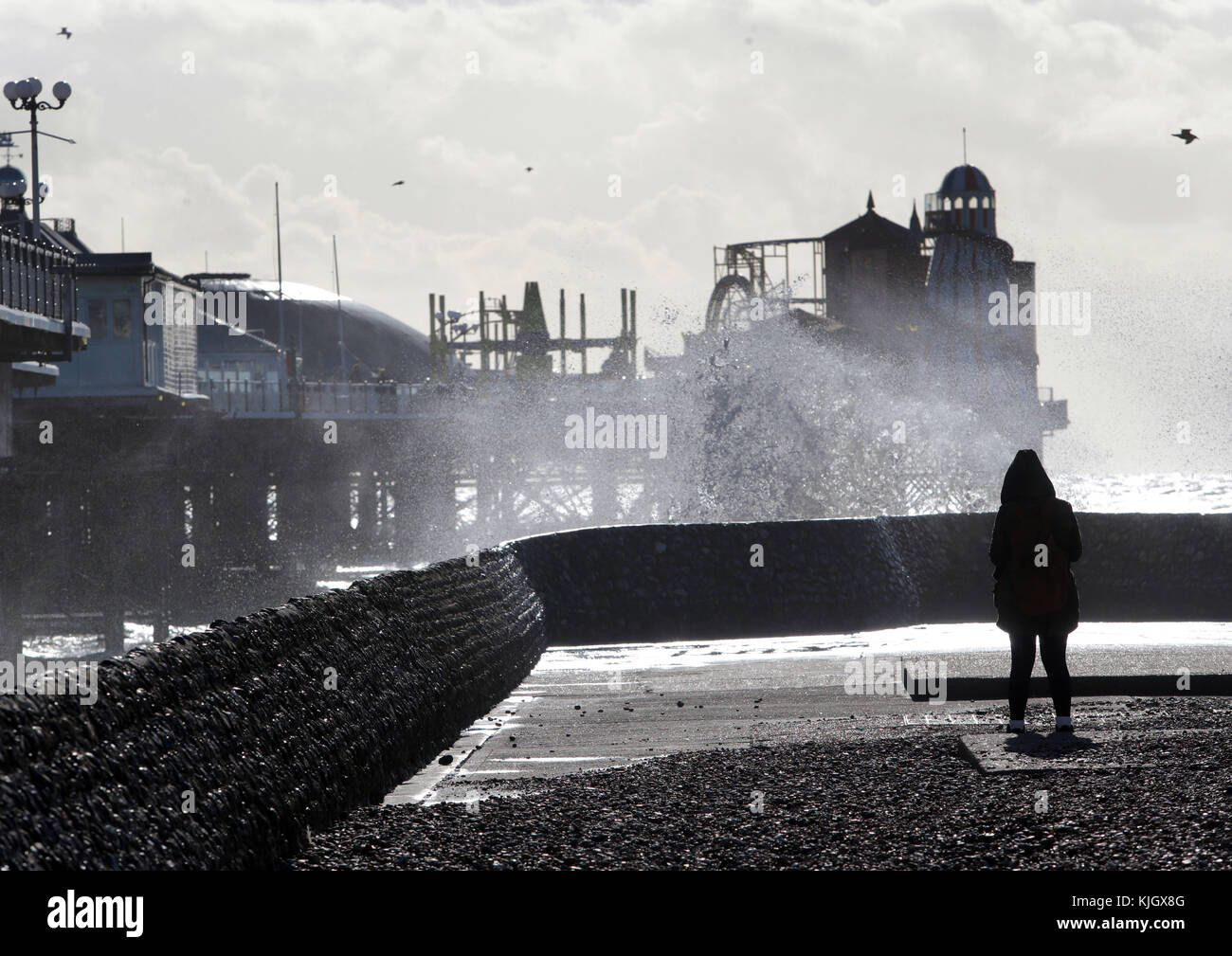 Brighton, UK. 23rd November, 2017. High winds and seas whip up a sea spray in Brighton as Britain braces for a bout of stormy weather as the Met Office issue warnings.. Credit: Nigel Bowles/Alamy Live News Stock Photo