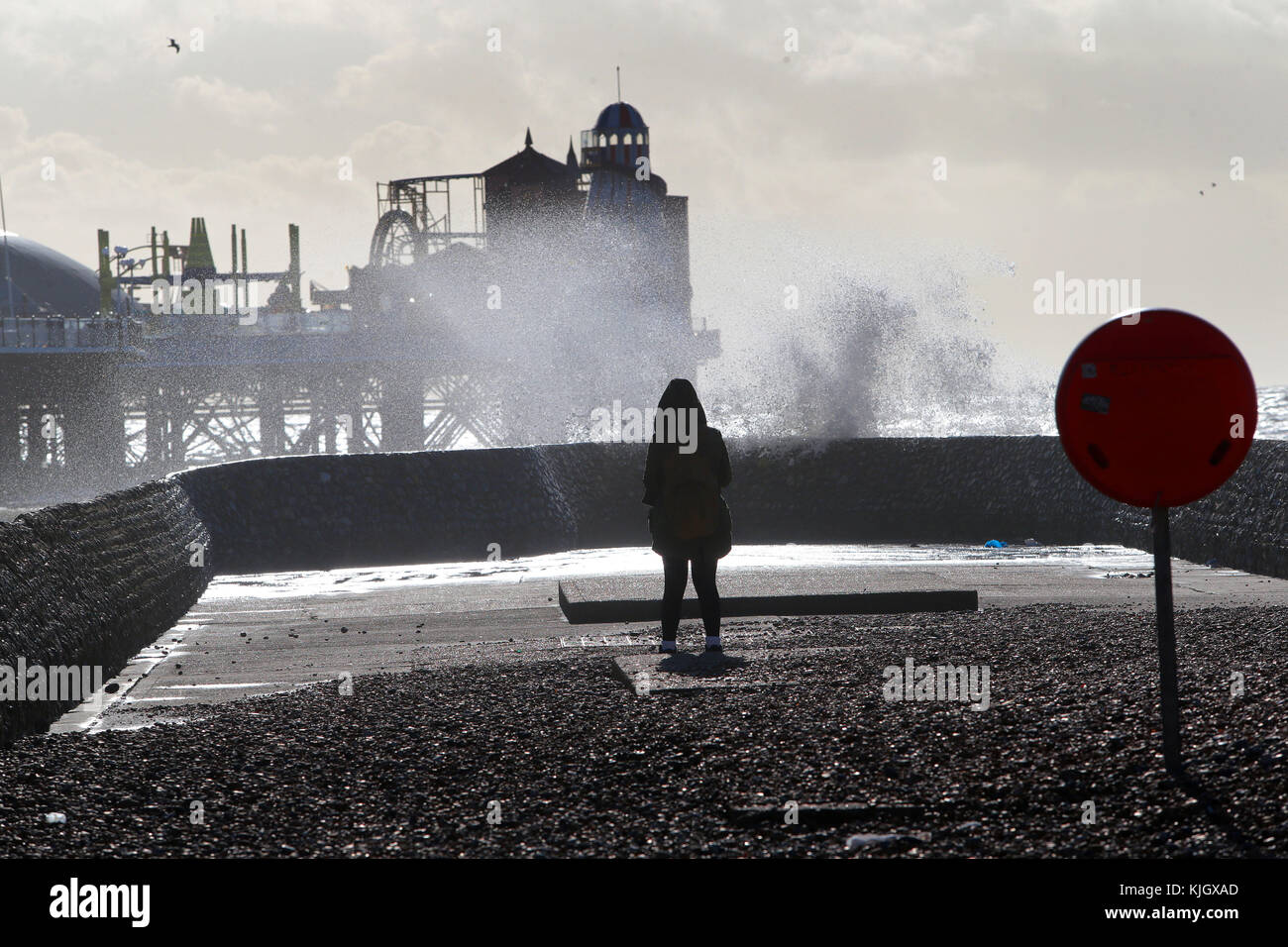 Brighton, UK. 23rd November, 2017. High winds and seas whip up a sea spray in Brighton as Britain braces for a bout of stormy weather as the Met Office issue warnings.. Credit: Nigel Bowles/Alamy Live News Stock Photo