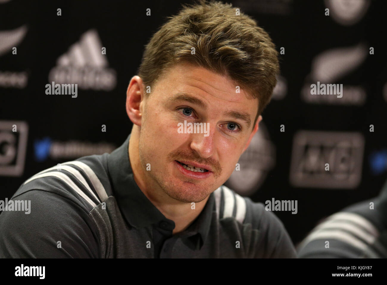 Cardiff, UK. 23rd Nov, 2017. Beauden Barrett , the New Zealand Allblacks rugby player speaks to the media during  the New Zealand rugby team announcement press conference at the Hilton Hotel in Cardiff , South Wales on Thursday 23rd November 2017.  the team are preparing for their Autumn International series test match against Wales in Cardiff this weekend.   pic by Andrew Orchard/Alamy Live News Stock Photo