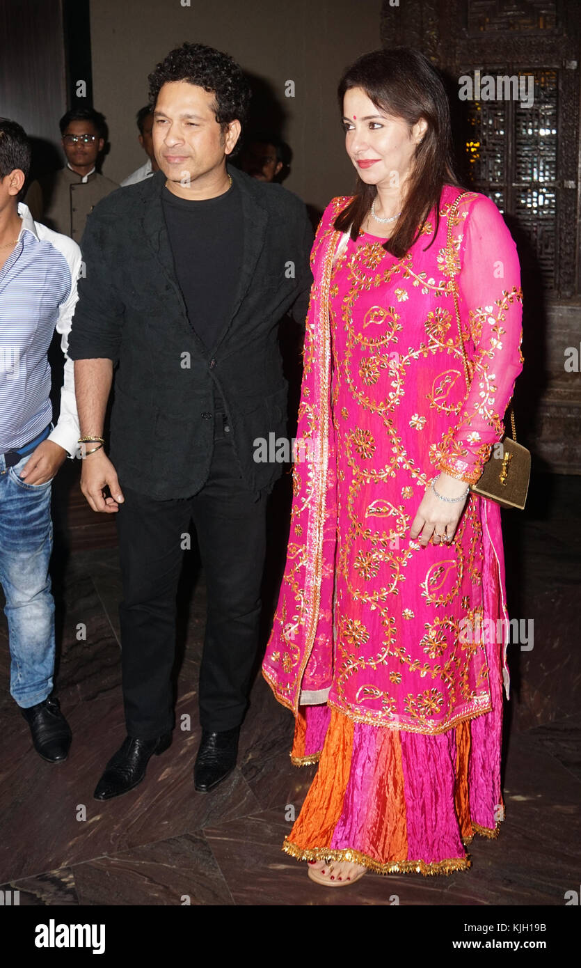 Indian Cricketer Sachin Tendulkar And His Wife Attend Indian Cricket Former Player Zaheer Khan And Bollywood Actress Sagarika Ghatge After Wedding Party At St Regis Hotel Mumbai On 23rd Nov 2017 Credit Prodip