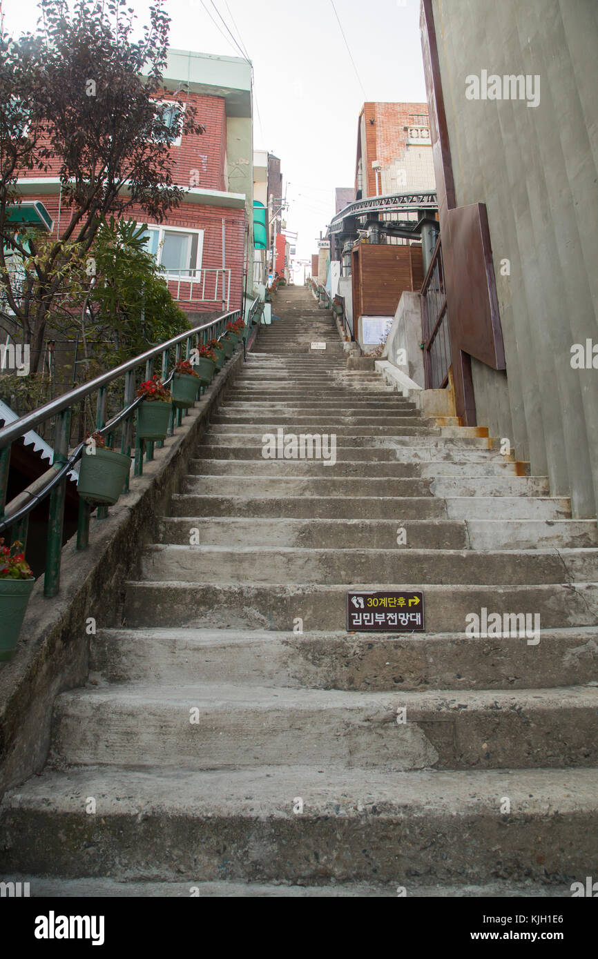 The 168 Stairs, Nov 15, 2017 : The 168 Stairs is seen in Choryang-dong village in Busan, about 420 km (261 miles) southeast of Seoul, South Korea. During the 1950-53 Korean War, Busan became the home of millions of refugees who fled to the temporary capital of South Korea. The refugees gathered at hilly villages including the Choryang-dong village near Busan station and Busan port to live. The 168 Stairs was the fastest way to go down to work from the village to Busan port and there used to be 3 wells at the bottom of the stairs, where most villagers had been waiting in lines to draw water. (P Stock Photo