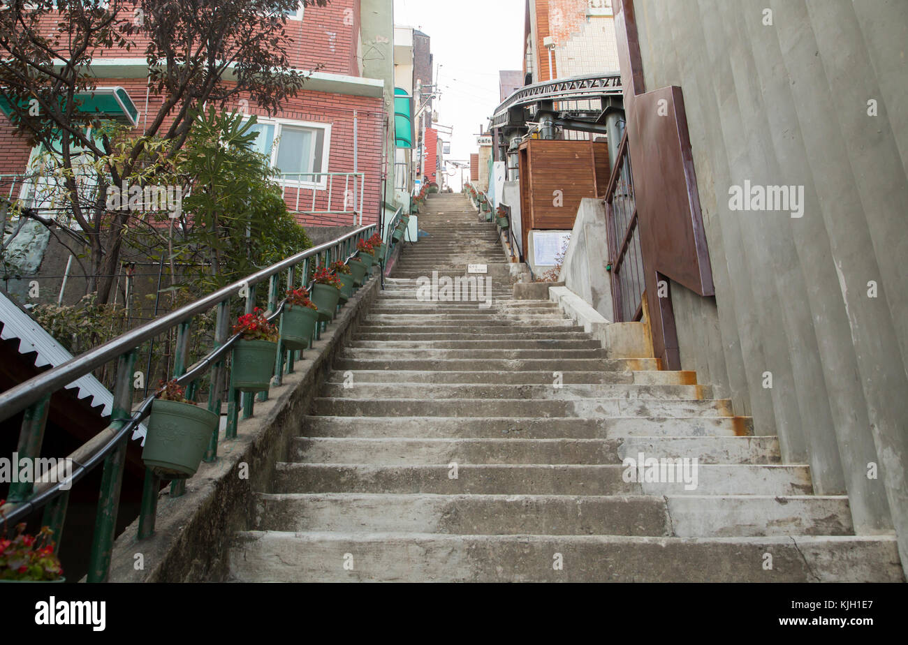 The 168 Stairs, Nov 15, 2017 : The 168 Stairs is seen in Choryang-dong village in Busan, about 420 km (261 miles) southeast of Seoul, South Korea. During the 1950-53 Korean War, Busan became the home of millions of refugees who fled to the temporary capital of South Korea. The refugees gathered at hilly villages including the Choryang-dong village near Busan station and Busan port to live. The 168 Stairs was the fastest way to go down to work from the village to Busan port and there used to be 3 wells at the bottom of the stairs, where most villagers had been waiting in lines to draw water. (P Stock Photo