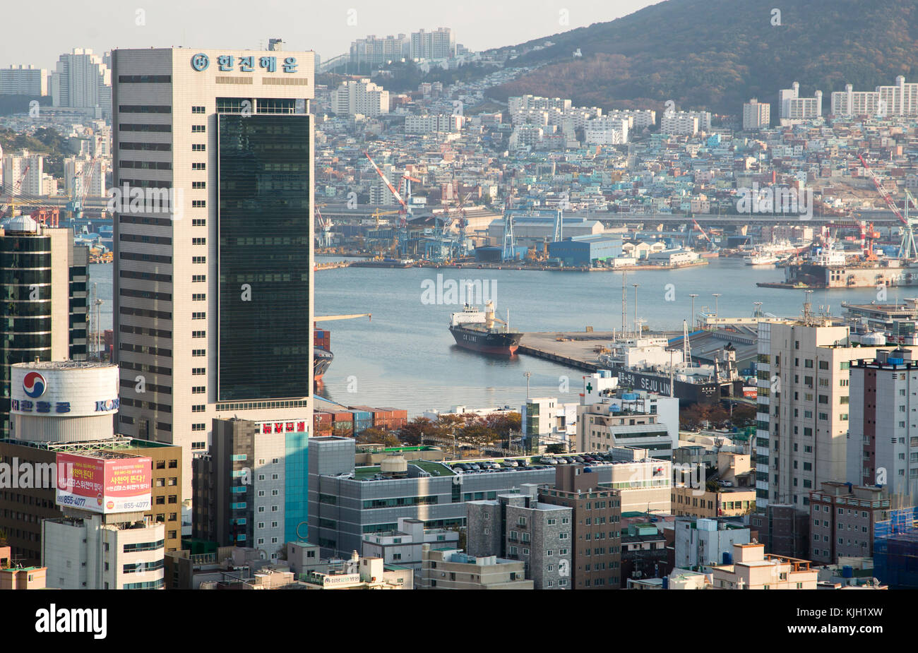 Yeongju village and Busan Port, Nov 15, 2017 : Yeongju-dong village and Busan Port (Busan North Port) are seen in Busan, about 420 km (261 miles) southeast of Seoul, South Korea. During the 1950-53 Korean War, Busan became the home of millions of refugees who fled to the temporary capital of South Korea. The refugees gathered at hilly villages near Busan Station and Busan Port to make a living. Credit: Lee Jae-Won/AFLO/Alamy Live News Stock Photo