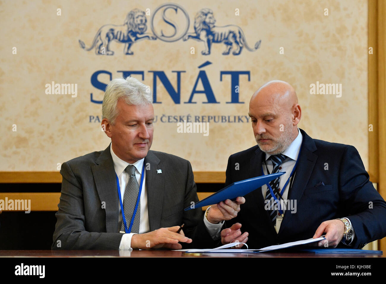 Rector of the Czech Technical University in Prague Petr Konvalinka (left) and President ofthe Swedish BAE Systems Hagglunds company Tommy Gustafsson Rask (right) signed an agreement on a close cooperation on science and research in the defense industry in Prague, Czech Republic, on November 24, 2017. (CTK Photo/Michal Kamaryt) Stock Photo