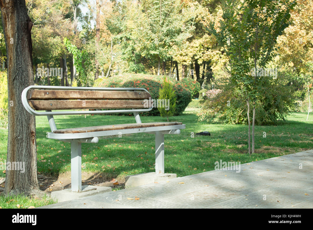 Alone seat in the park. This is Hasht Behesht park in Isfahan Iran.a Historical park with old trees and one of wonderful park in all over the world. Stock Photo