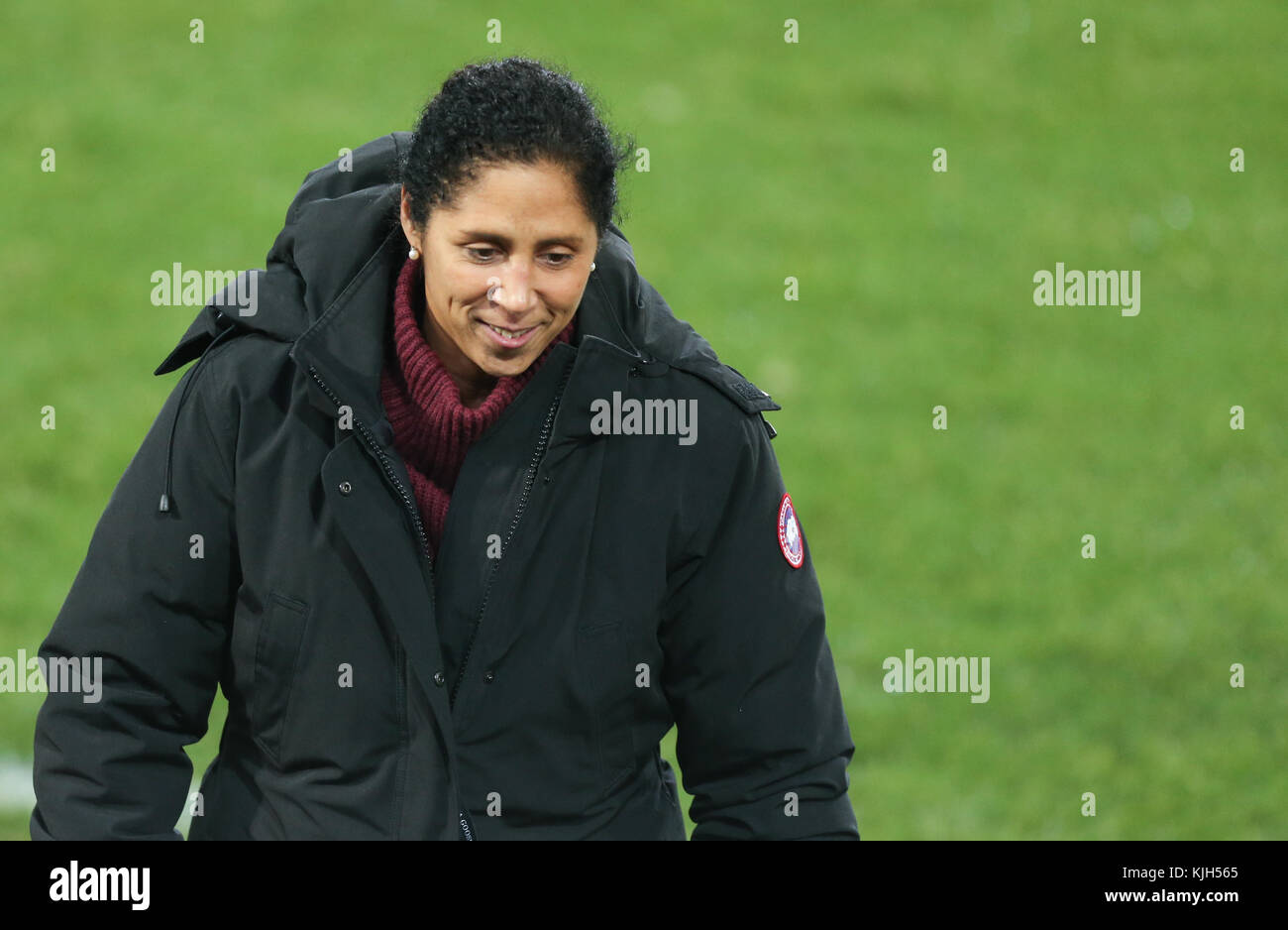Bielefeld, Germany. 24th Nov, 2017. Germany's coach Steffi Jones smiles during the women's international friendly soccer match between Germany and France in the Schueco Arena stadium in Bielefeld, Germany, 24 November 2017. Credit: Friso Gentsch/dpa/Alamy Live News Stock Photo