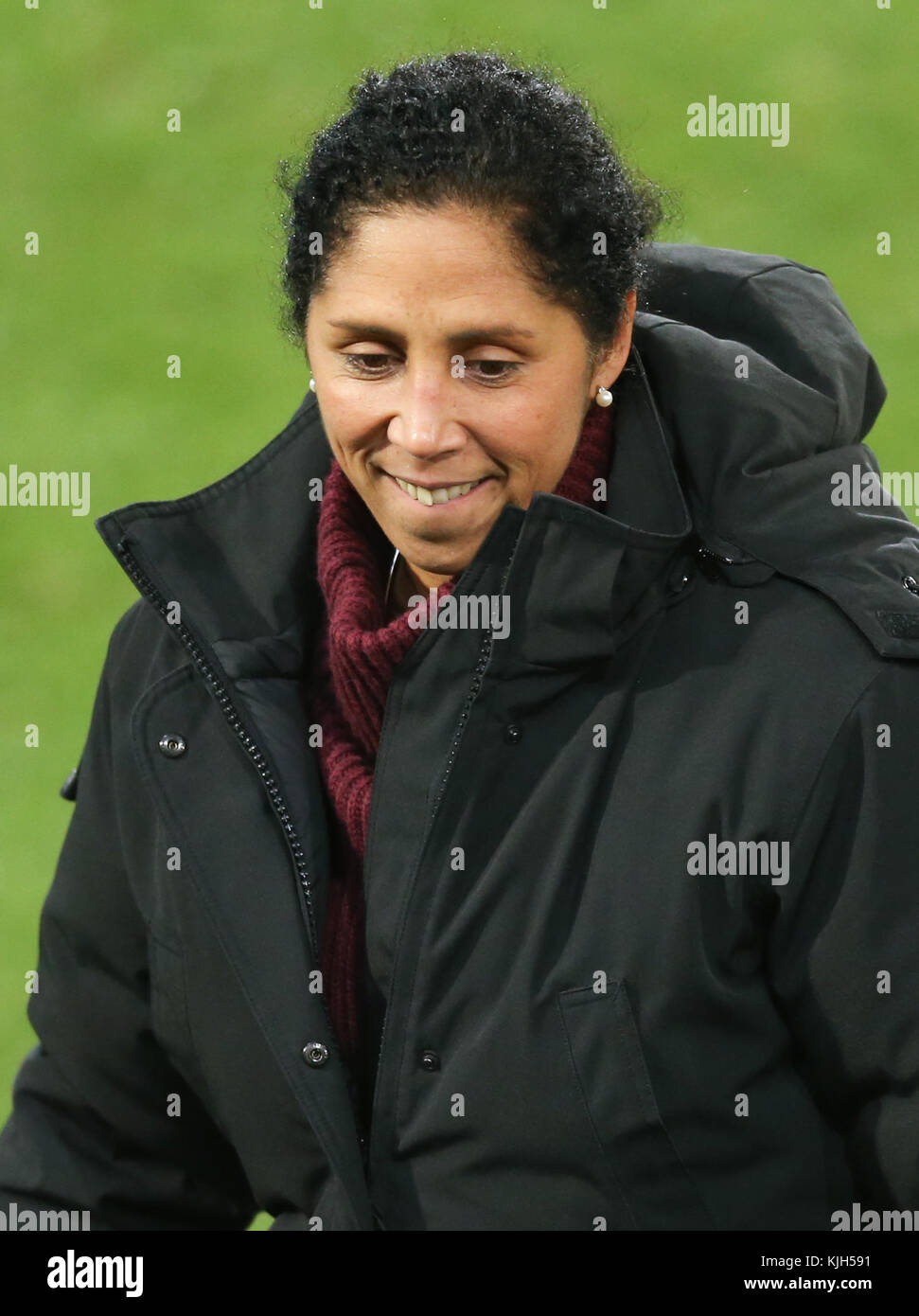 Bielefeld, Germany. 24th Nov, 2017. Germany's coach Steffi Jones smiles during the women's international friendly soccer match between Germany and France in the Schueco Arena stadium in Bielefeld, Germany, 24 November 2017. Credit: Friso Gentsch/dpa/Alamy Live News Stock Photo