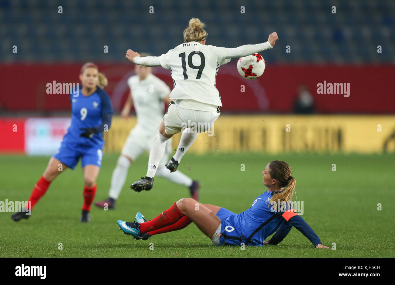 Germany's Svenja Huth (L) in action against France's Amandine Henry (R) during the women's international friendly soccer match between Germany and France in the Schueco Arena stadium in Bielefeld, Germany, 24 November 2017. Photo: Friso Gentsch/dpa Stock Photo