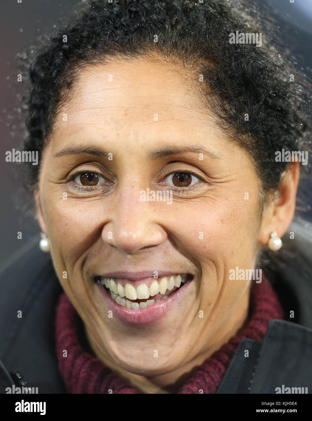 Germany's coach Steffi Jones smiles at the end of the women's international friendly soccer match between Germany and France in the Schueco Arena stadium in Bielefeld, Germany, 24 November 2017. Photo: Friso Gentsch/dpa Stock Photo