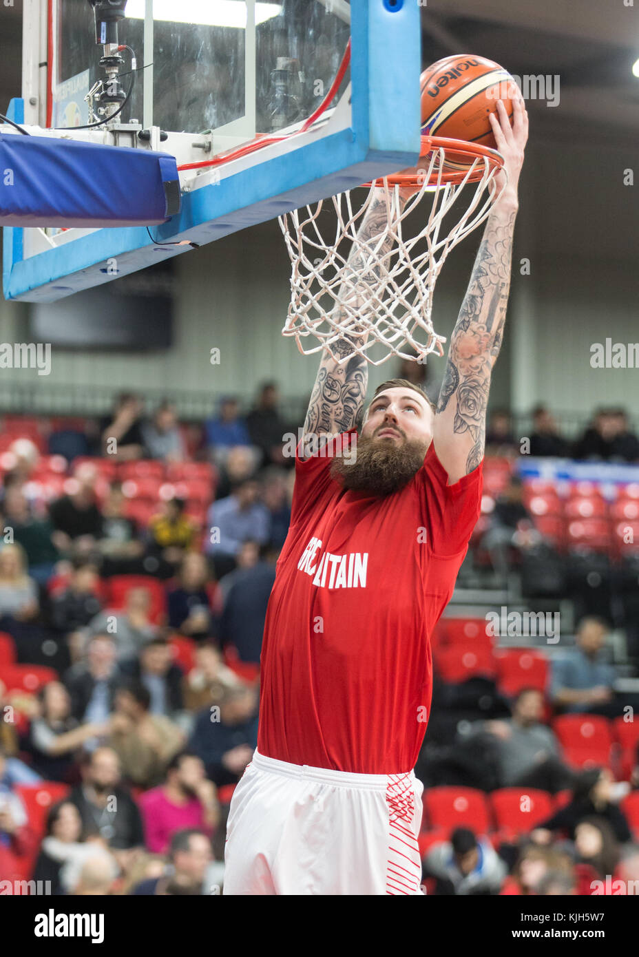 Leicester, UK. 24th November, 2017. FIBA World Cup qualifier fixture. Team GB vs Greece. Leicester Arena, Leicester. Greece win 95 92 in extra time. Team GB Gareth Murray warms up before the game.  Credit Carol Moir/Alamy Live News. Stock Photo