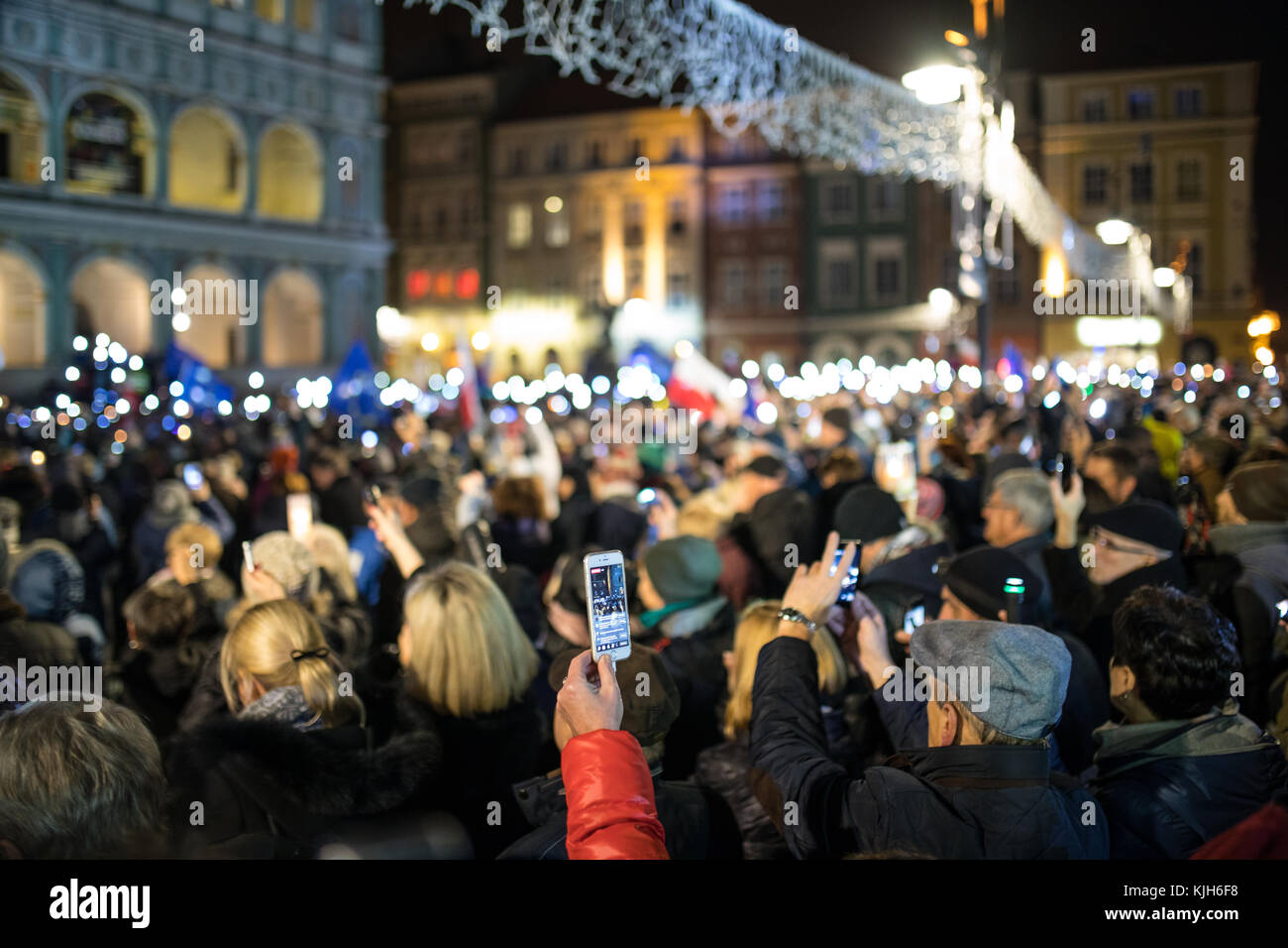 Poland, Poznan, 11.24.2017: Lights for judiciary - protest against violation the constitutional law in Poland, by the conservative party and government. Defending the division of powers. Stock Photo