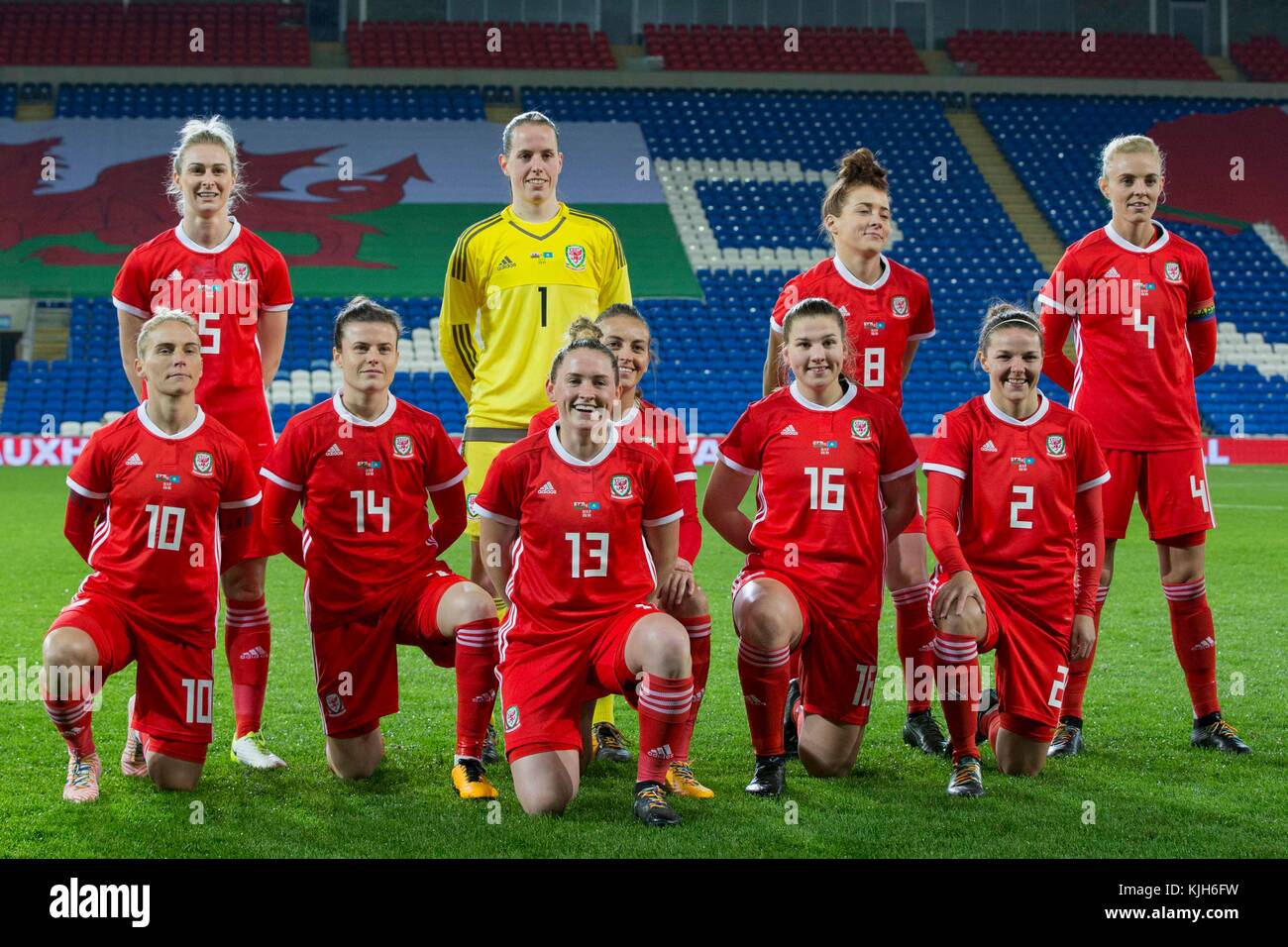 Cardiff, Wales, UK, November 24th 2017.  The Wales team picture for the FIFA Women's World Cup qualification match between Wales and Kazakhstan at Cardiff City Stadium. Credit: Mark Hawkins/Alamy Live News Stock Photo