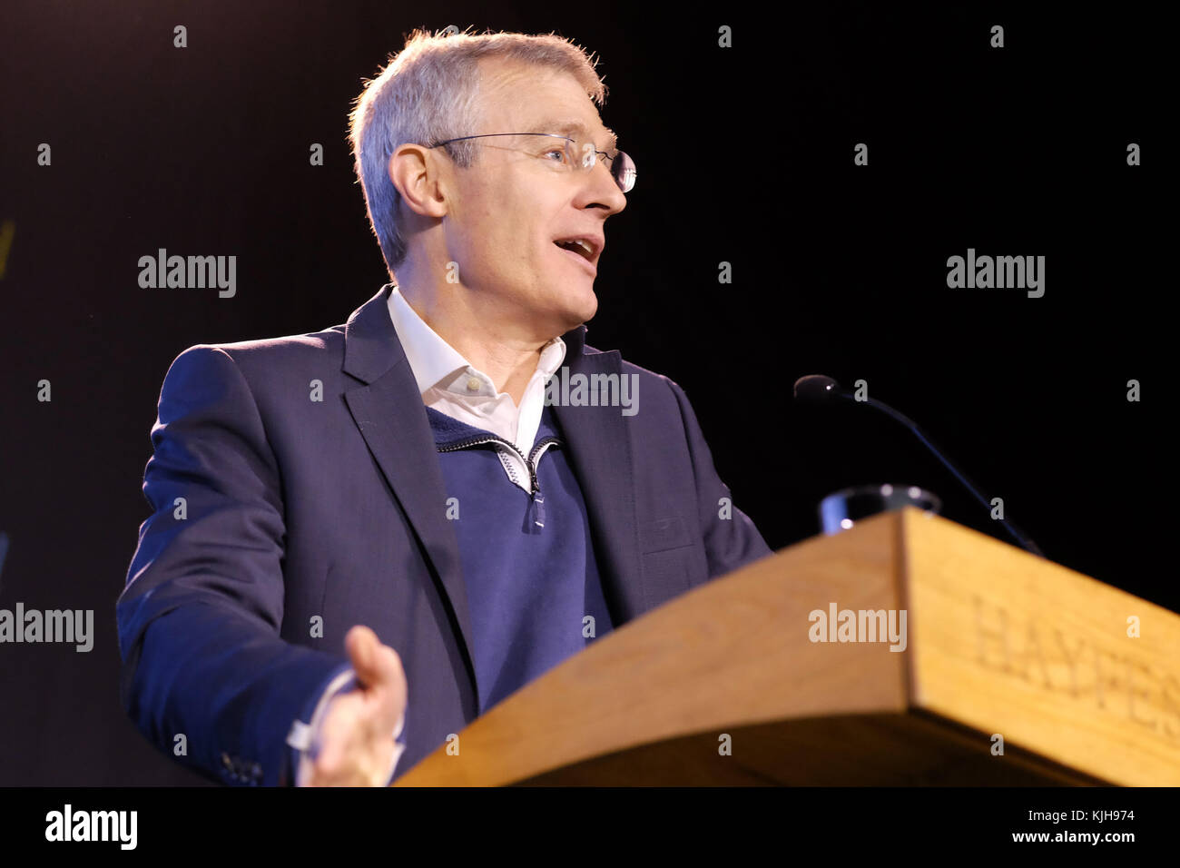 Hay Festival Winter Weekend - November 2017 - Broadcaster Jeremy Vine on stage talking about his new book What I Learnt about his experiences with callers to his Radio 2 program - Steven May/Alamy Live News Stock Photo
