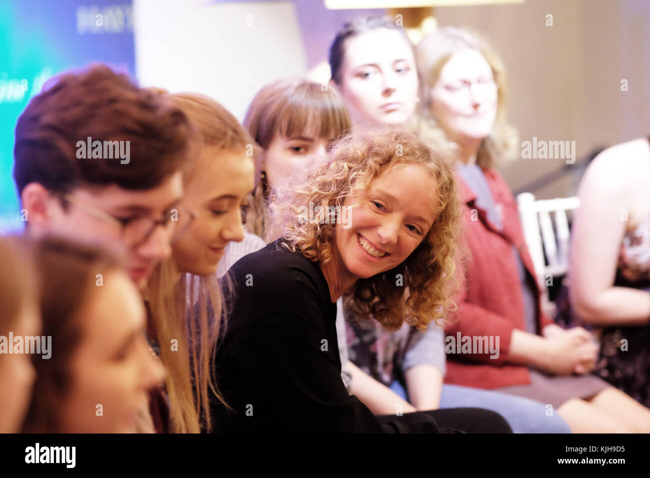 Hay Festival Winter Weekend - November 2017 - YA young adult fiction author Jenny Valentine ( centre ) listens to an audience of young adults as they discuss Adolesence - Steven May/Alamy Live News Stock Photo