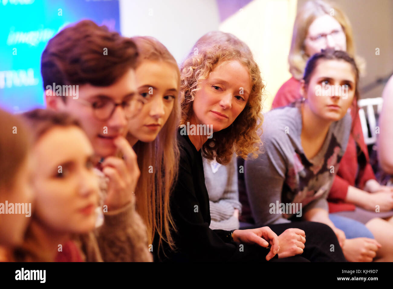 Hay Festival Winter Weekend - November 2017 - YA young adult fiction author Jenny Valentine ( centre ) listens to an audience of young adults as they discuss Adolesence - Steven May/Alamy Live News Stock Photo