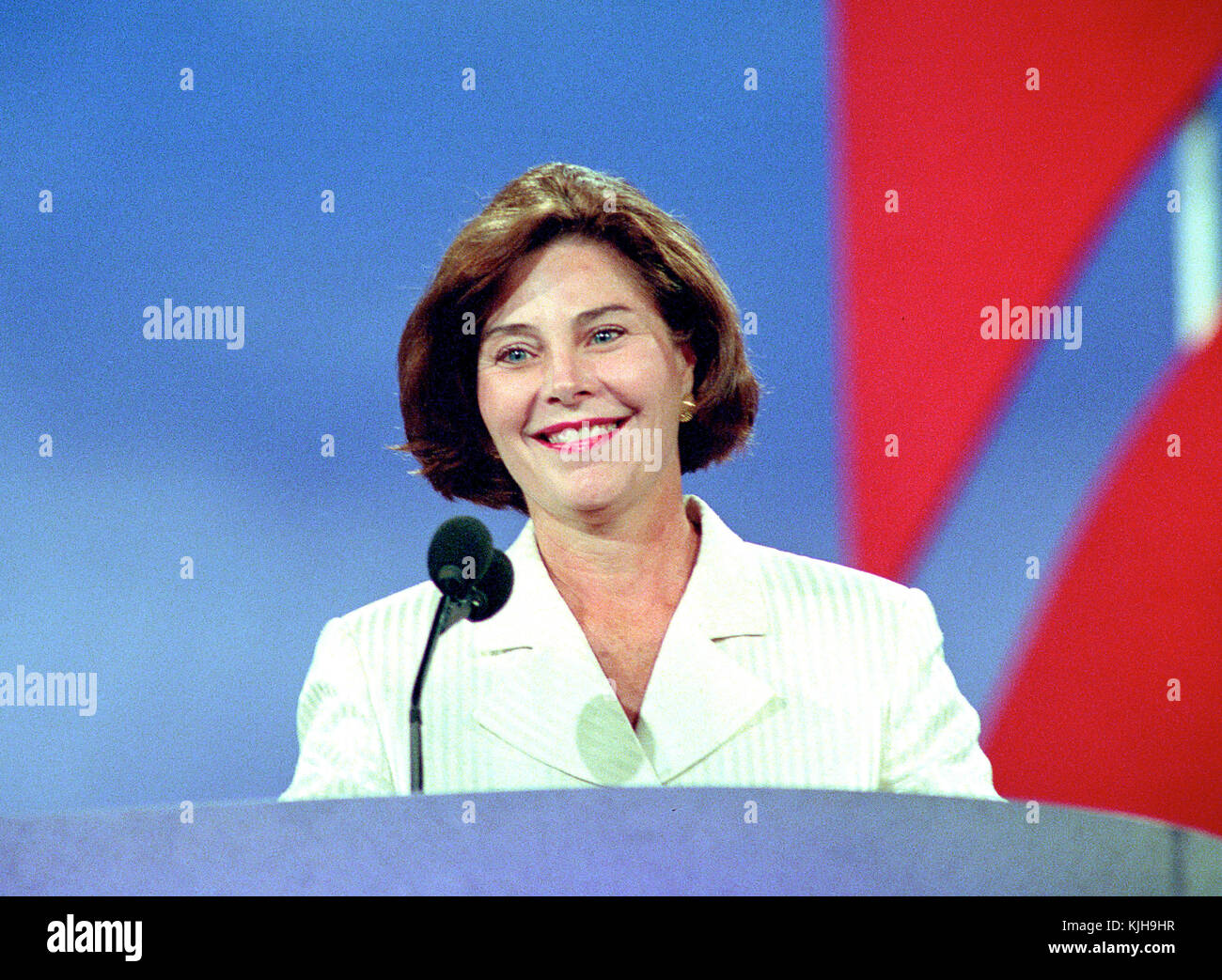 Laura Bush, wife of Governor George W. Bush (Republican of Texas) speaks at the 1996 Republican National Convention at the San Diego Convention Center in San Diego, California on August 12, 1996. Credit: Ron Sachs/CNP - NO WIRE SERVICE - Photo: Ron Sachs/Consolidated/dpa Stock Photo