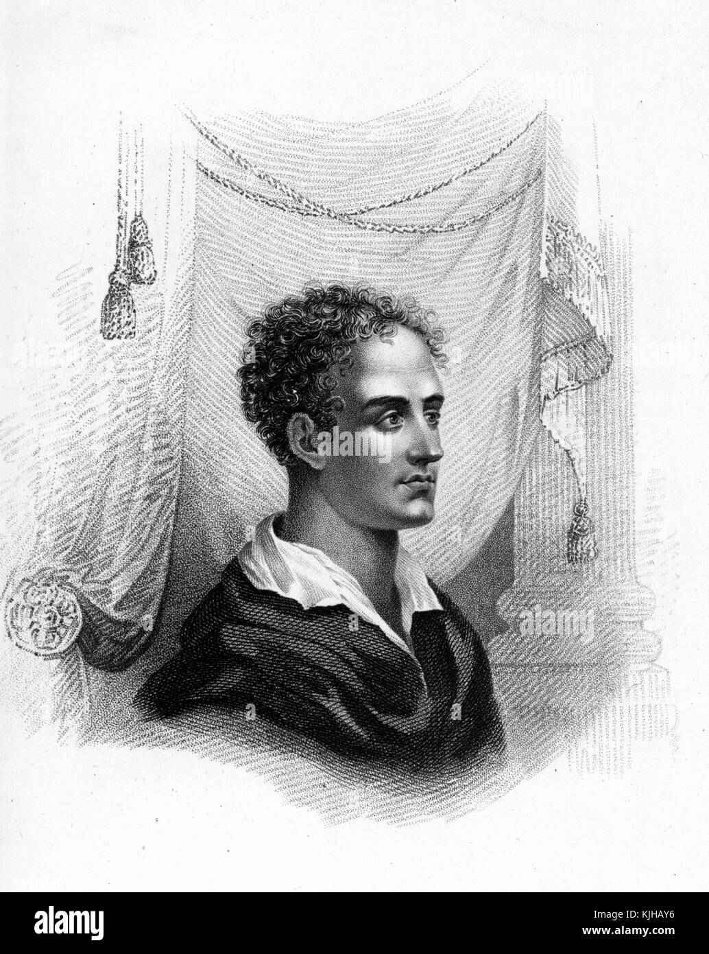 An engraving from a portrait of Lord Byron, he was an English poet whose works remain popular throughout the world, he was a prominent figure in the Romantic Movement, he was known for living in excess, stories about him surrounded his life filled with love affairs with men and women along with huge debts, he is considered a hero in Greece for fighting alongside them against the Ottoman Empire, he died at age 36, 1864. From the New York Public Library. Stock Photo