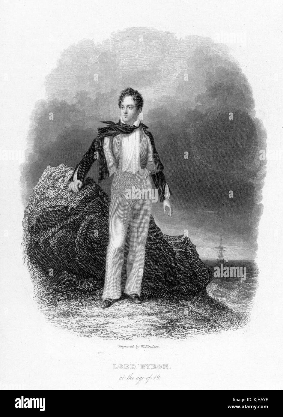 An engraving from a full length portrait of Lord Byron, he is shown at age 19 and posed leaning on a rock at the edge of turbulent seas, he was an English poet whose works remain popular throughout the world, he was a prominent figure in the Romantic Movement, he was known for living in excess, stories about him surrounded his life filled with love affairs with men and women along with huge debts, he is considered a hero in Greece for fighting alongside them against the Ottoman Empire, he died at age 36, 1900. From the New York Public Library. Stock Photo