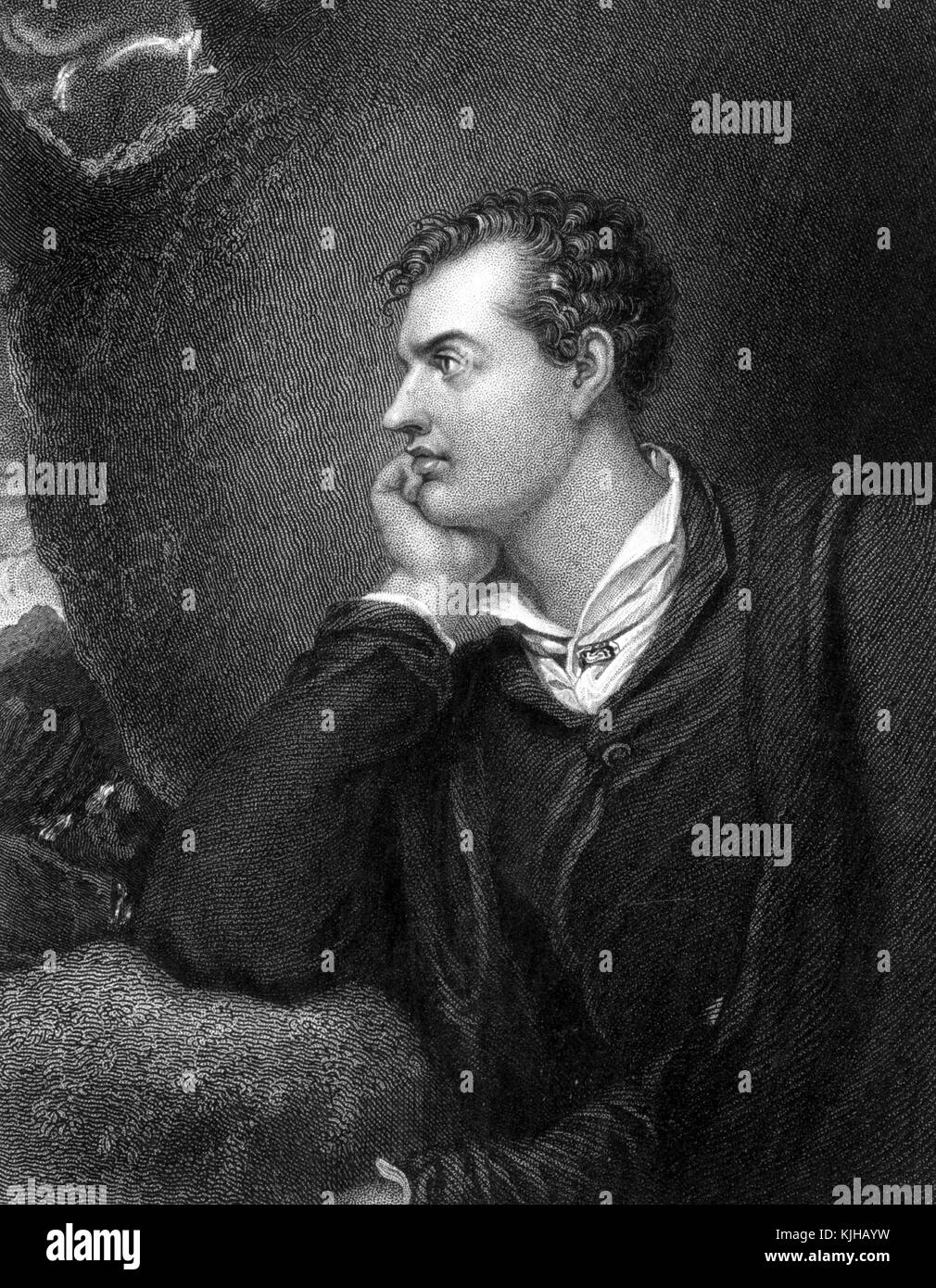 An engraving from a portrait of Lord Byron, he is shown in a pensive posture with his head rested against his hand, he is looking in to the distance, he was an English poet whose works remain popular throughout the world, he was a prominent figure in the Romantic Movement, he was known for living in excess, stories about him surrounded his life filled with love affairs with men and women along with huge debts, he is considered a hero in Greece for fighting alongside them against the Ottoman Empire, he died at age 36, 1880. From the New York Public Library. Stock Photo