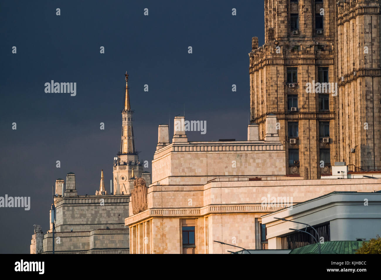 Russia, Moscow. Silhouettes of the Seven Sisters (Stalinskie Vysotki) skyscrapers. Stock Photo
