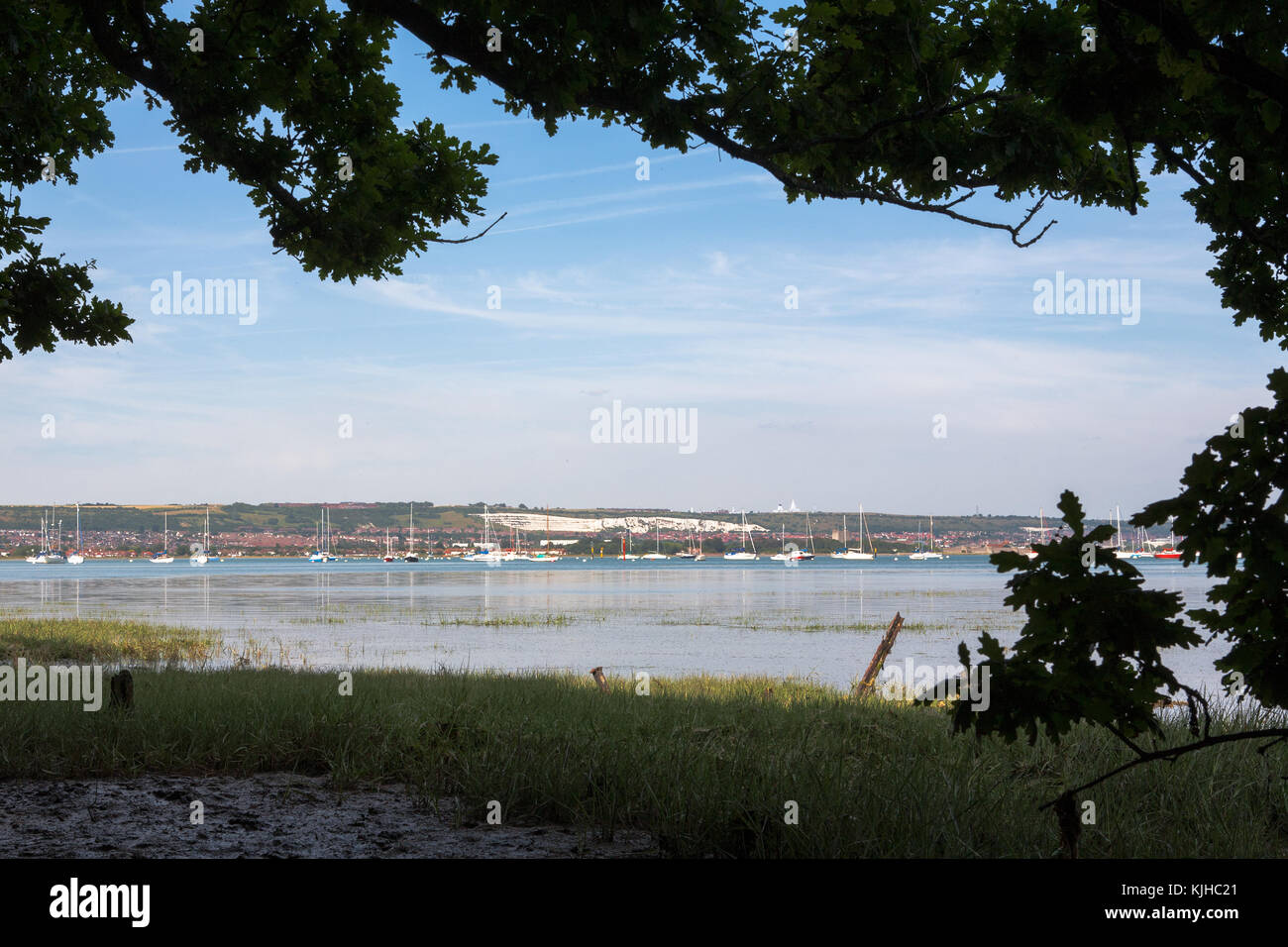 Fareham Lake in the upper reaches of Portsmouth Harbour, from Monk's Walk, Gosport, Hampshire, England, UK Stock Photo