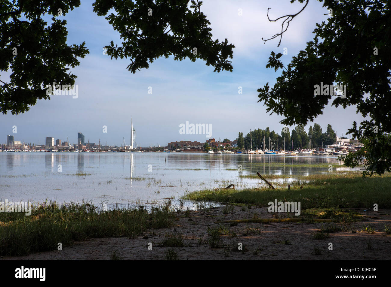 Portsmouth and the upper reaches of Portsmouth Harbour from the Gosport side at Elson, Gosport, Hampshire, England, UK Stock Photo