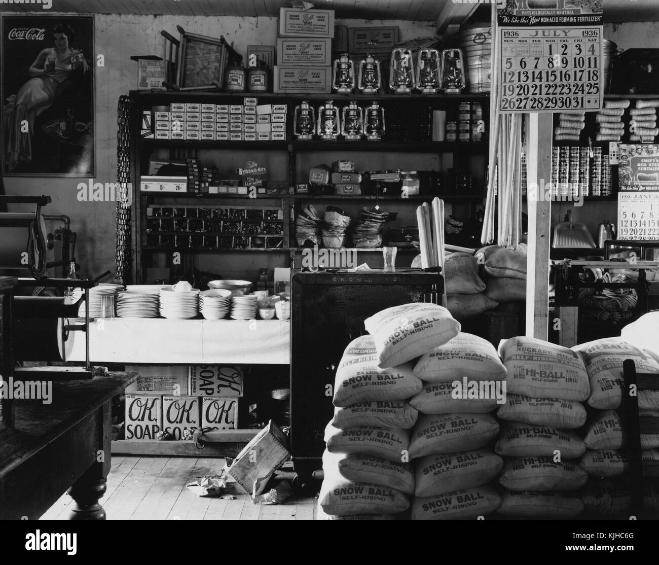 Black and white photograph of the interior of a general store by Walker Evans, American photographer best known for his work for the Farm Security Administration documenting the effects of the Great Depression, Moundville, Alabama, 1936. From the New York Public Library. Stock Photo