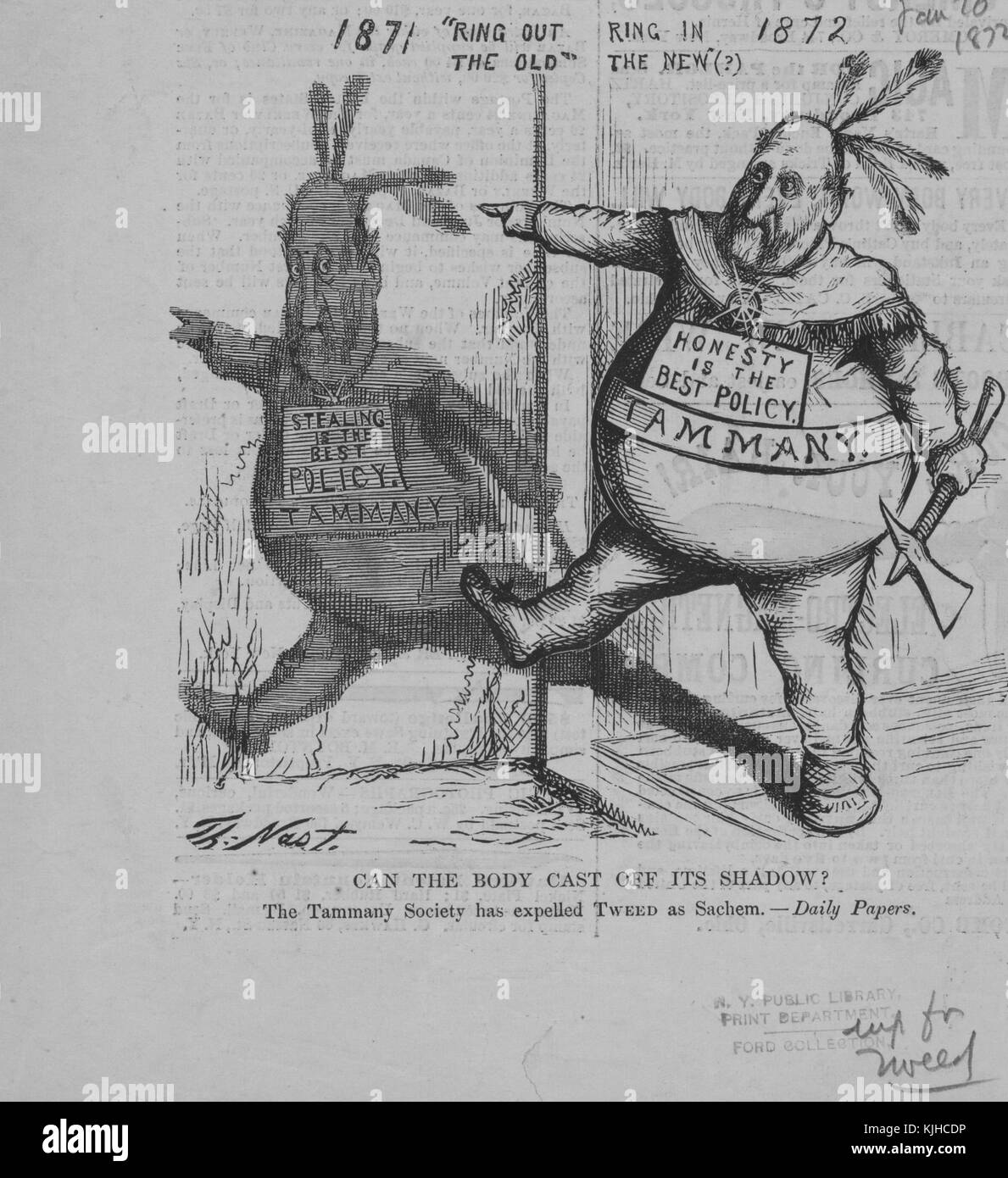 A political cartoon featuring the image of William M Tweed, the image questions whether the Tammy Society political machine could reform after removing Tweed from power, Tweed was a notoriously corrupt figure who is believed to have stolen between 25 and 200 million dollars while controlling New York politics, New York, 1872. From the New York Public Library. Stock Photo