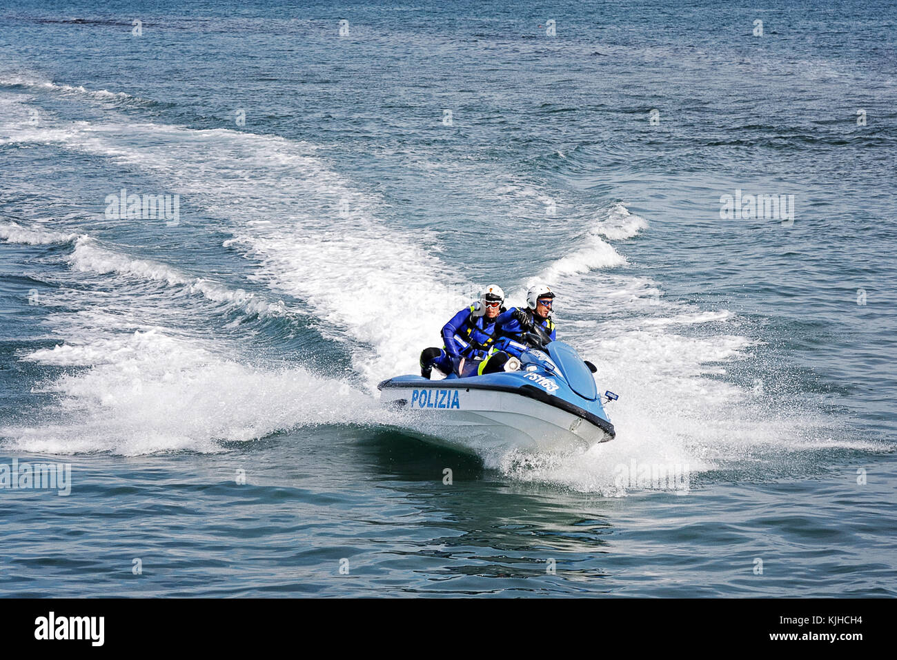 Rome, Italy - May 9, 2009: Maritime police agents, special police department of Italy, train at sea with waterbodies, in a public exercise during the  Stock Photo