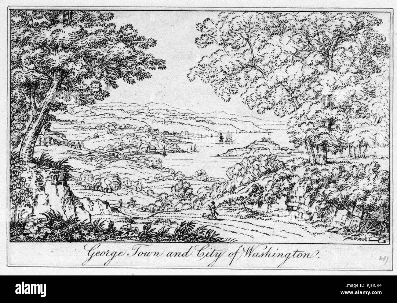 An engraving from a landscape of Georgetown and the City of Washington, the landscape mostly consists of rolling hills covered in open fields and trees, the Potomac River cuts through the middle of scenery, Washington, DC, 1832. From the New York Public Library. Stock Photo