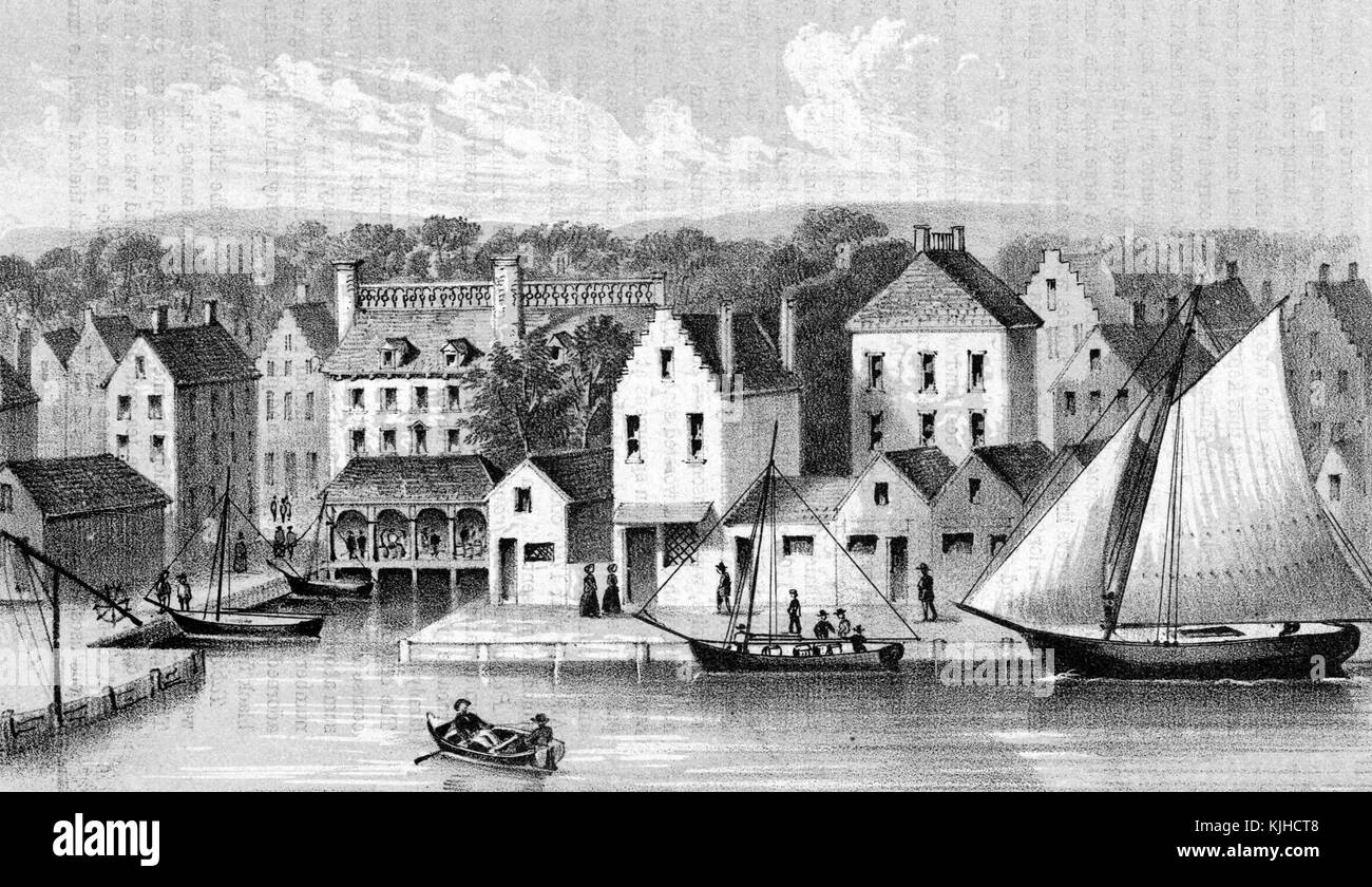 Lithograph depicting a view of Lower Manhattan, showing a pier with boats in the foreground, and buildings and trees in the background, New York, New York, 1858. From the New York Public Library. Stock Photo