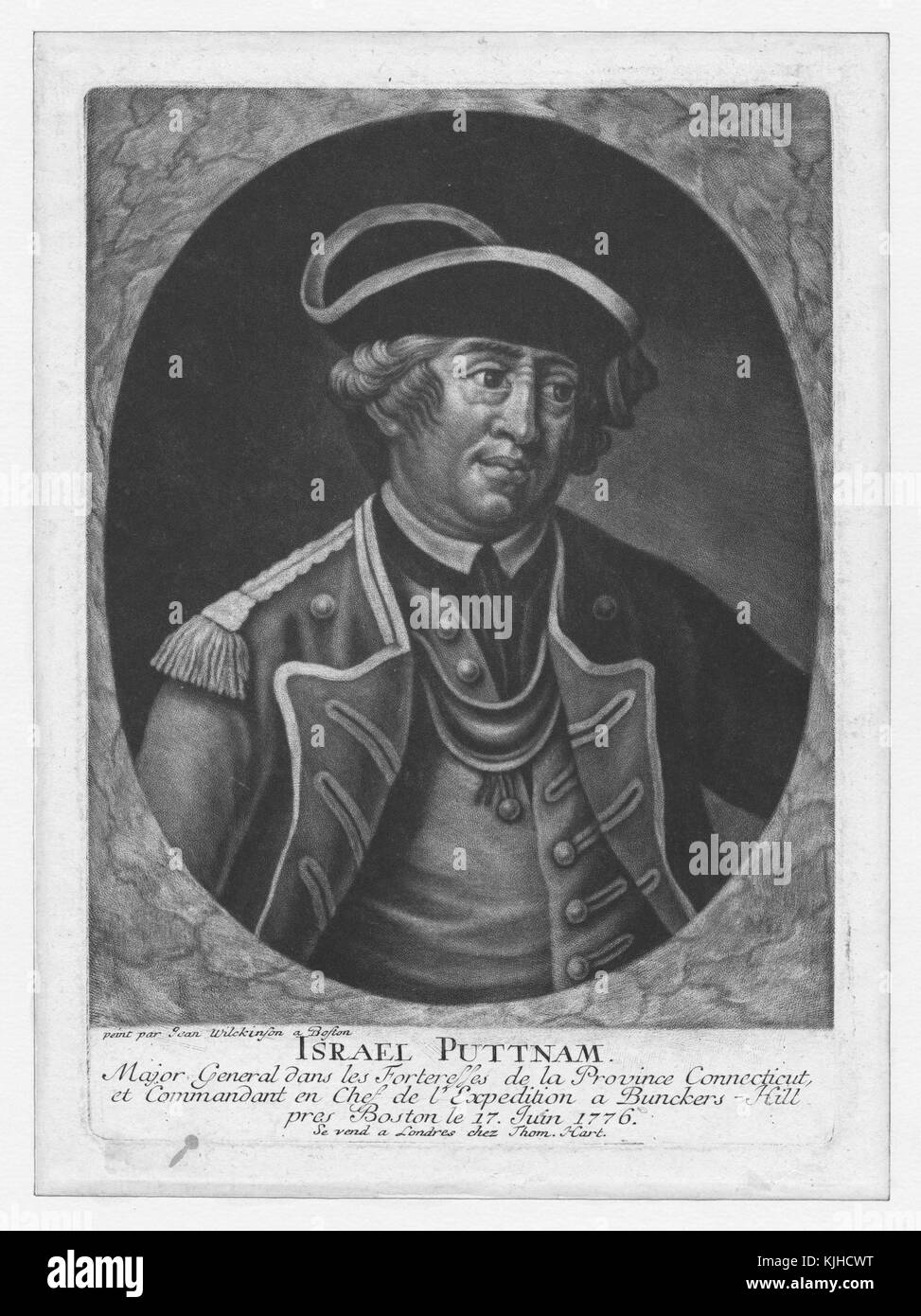 Half length portrait of Israel Putnam, an American army general and Freemason, popularly known as 'Old Put', who fought with distinction at the Battle of Bunker Hill during the American Revolutionary War, in uniform, captioned by his name and a short description of his accomplishments in French, Connecticut, 1833. From the New York Public Library. Stock Photo