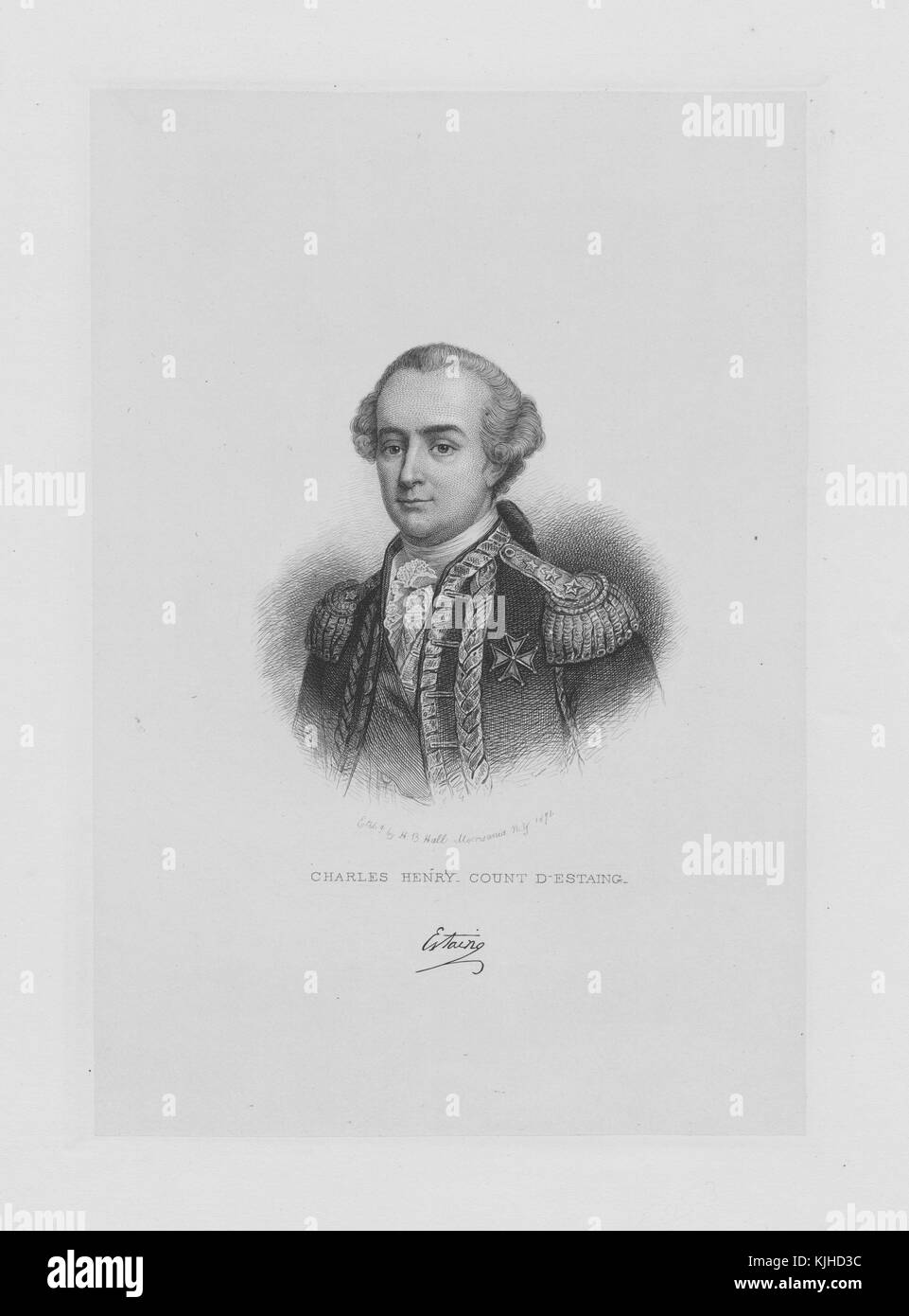 Engraved portrait of Charles Henri Hector, comte d'Estaing, a French general and admiral, following France's entry into the American War of Independence in 1778, he led a fleet to aid the American rebels, he participated in a failed Franco-American siege of Newport, Rhode Island in 1778 and the equally unsuccessful 1779 Siege of Savannah before returning to France in 1780, his signature copied on the bottom, France, 1832. From the New York Public Library. Stock Photo