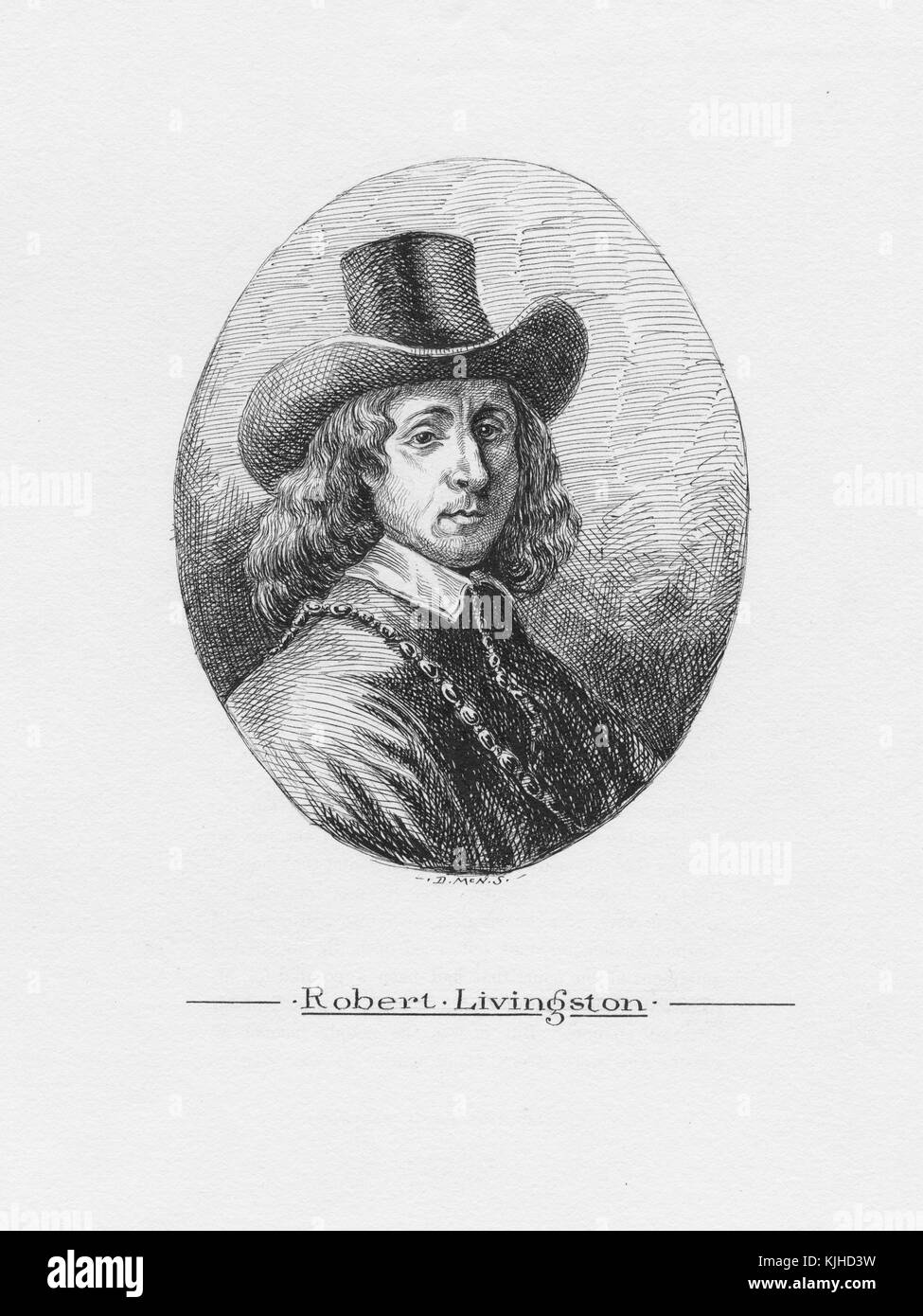 Etched portrait of Robert Livingston the Younger, appointed mayor of Albany in 1710, serving until 1719, during his tenure, Albany grew from a trading post to the area's major supply and services center, was also appointed as one of the English colony's Commissioners for Indian Affairs, New York, 1750. From the New York Public Library. Stock Photo