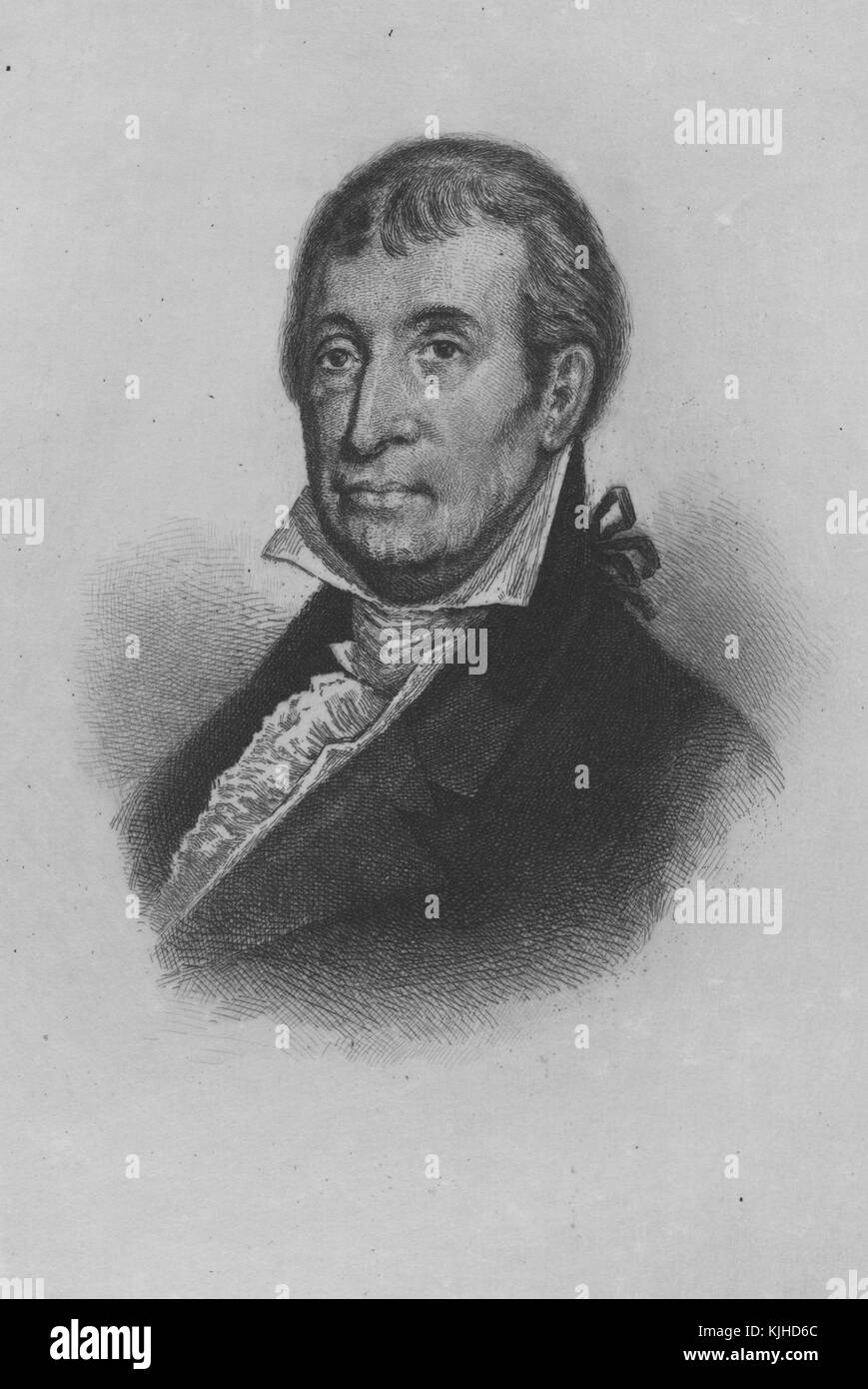 A etching from a portrait of Luther Martin, he was an American politician who was one of the Founding Fathers of the United States, he was one of the three delegates to the Continental Convention that refused to sign the United States Constitution believing that it violated states rights, United States, 1800. From the New York Public Library. Stock Photo