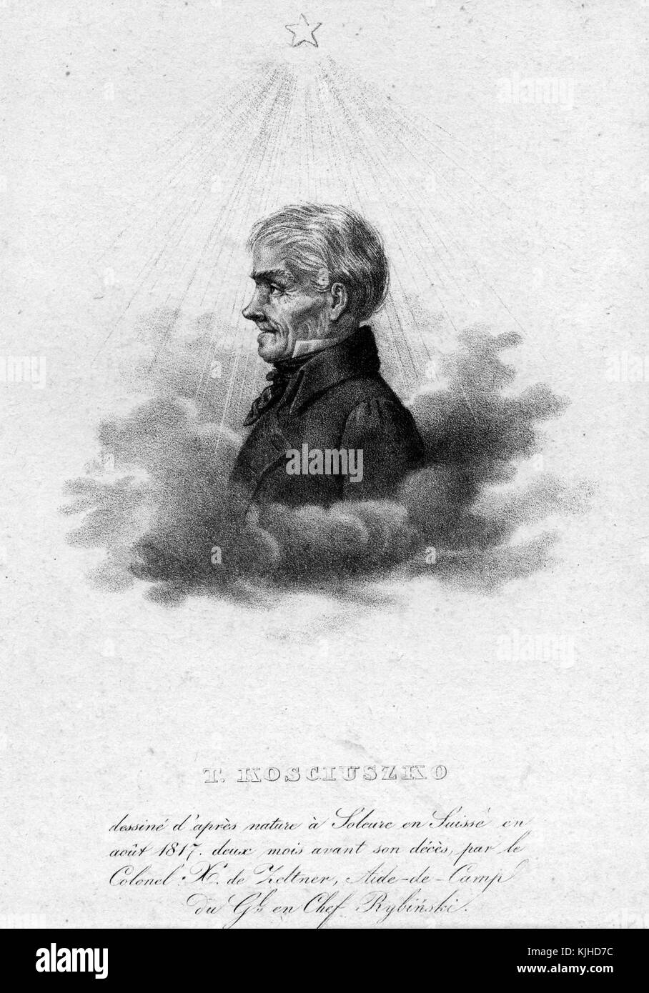 An etching from a portrait of Tadeusz Koand#347;ciuszko, he was a Polish-Lithuanian military engineer and leader, he served in the Continental Army during the American Revolutionary War and was awarded the rank of brigadier general in recognition of his services constructing state-of-the-art fortifications, after returning to Poland he was commissioned as a major general, he fought in the PolishRussian War of 1792 and eventually lead a failed uprising against the Russians, 1839. From the New York Public Library. Stock Photo
