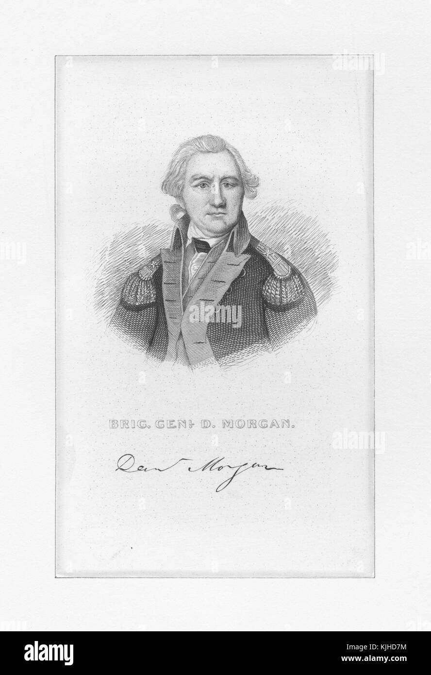 An etching from a portrait of Daniel Morgan, he was a soldier that eventually achieved the rank of brigadier general during the American Revolutionary War, at one point during the war he retired after being passed over for promotions because of his lack of political connections, he was known for being a particularly skilled tactician in battle, he went on to serve as a member of the United States House of Representatives from Virginia, 1834. From the New York Public Library. Stock Photo