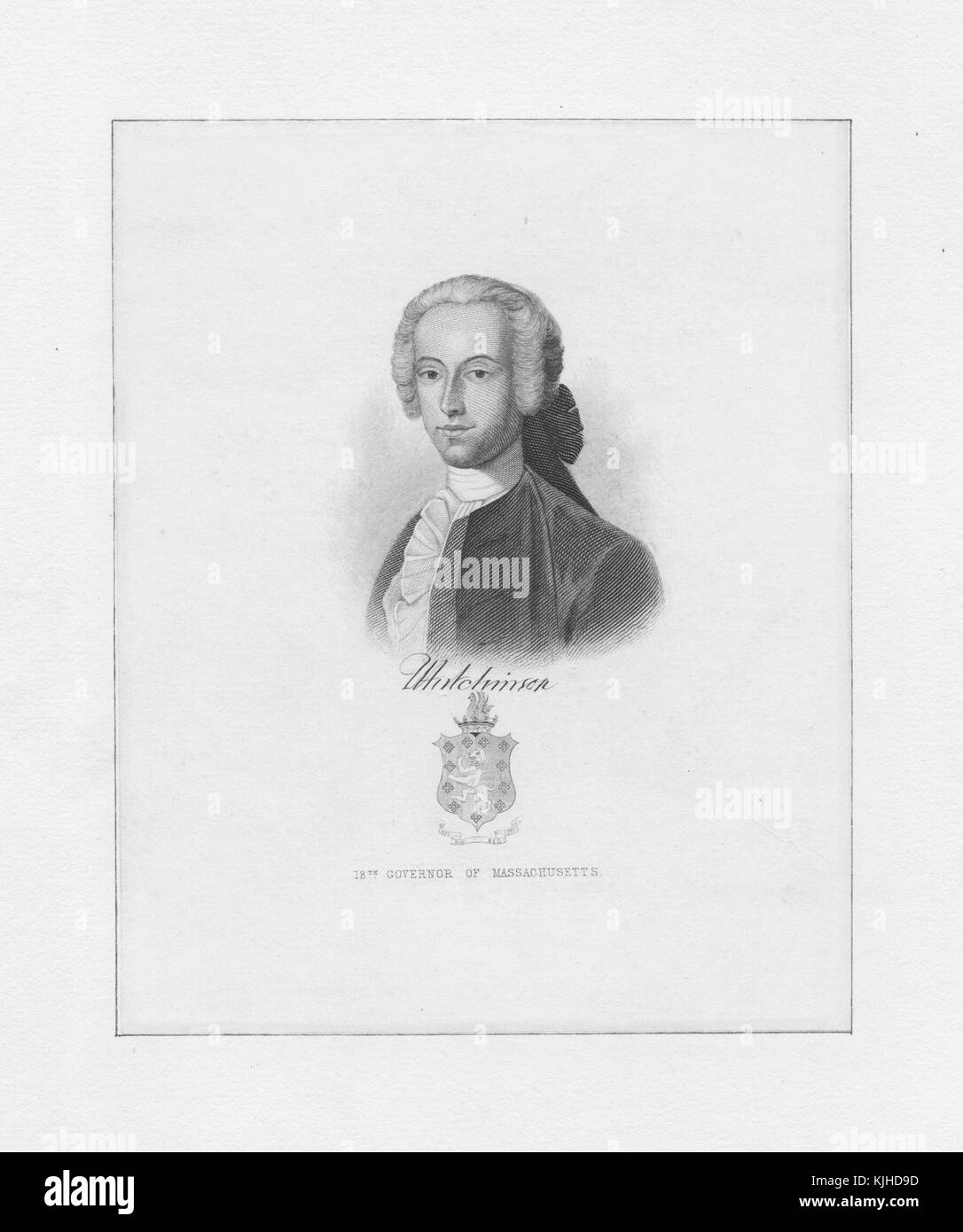 An etching from a portrait of Thomas Hutchinson, he was a Loyalist politician who served as the Governor of the Province of Massachusetts Bay prior to the American Revolutionary War, he is seen as a figure that contributed directly the tensions between the British and the colonists, his letters calling for restrictions on the rights of colonists led to him being forced from office and he went in to exile in England, Massachusetts, 1830. From the New York Public Library. Stock Photo