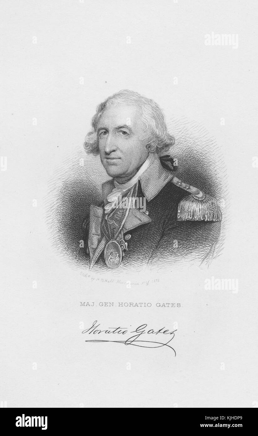 An engraving of Horatio Gates, he was a retired British soldier who served as a Major General in the American Revolutionary War, after a stalled British military career he decided to join Colonial forces and offered his support to George Washington, he is best remembered for his involvement in an attempt to removed George Washington as Commander-in-Chief during the war as well as his actions that led to the Continental Army being defeated in the Battle of Camden, Washington, DC, 1832. From the New York Public Library. Stock Photo