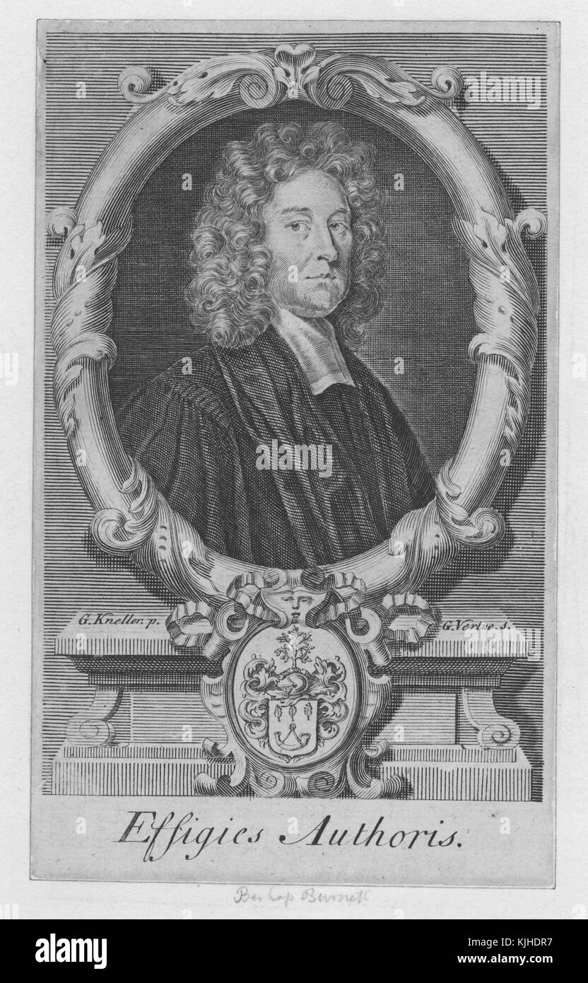 An etching from a portrait of Gilbert Burnet, he was the Bishop of Salisbury as well as a historian and philosopher, he was a polyglot fluent in 6 languages and an accomplished academic who had earned a Masters of Arts in philosophy when he was 13 years old, he wrote The History of the Reformation of the Church of England as a refutation of a French publication on the same topic, he became friends with King William III and delivered a sermon at his coronation, England, 1750. From the New York Public Library. Stock Photo