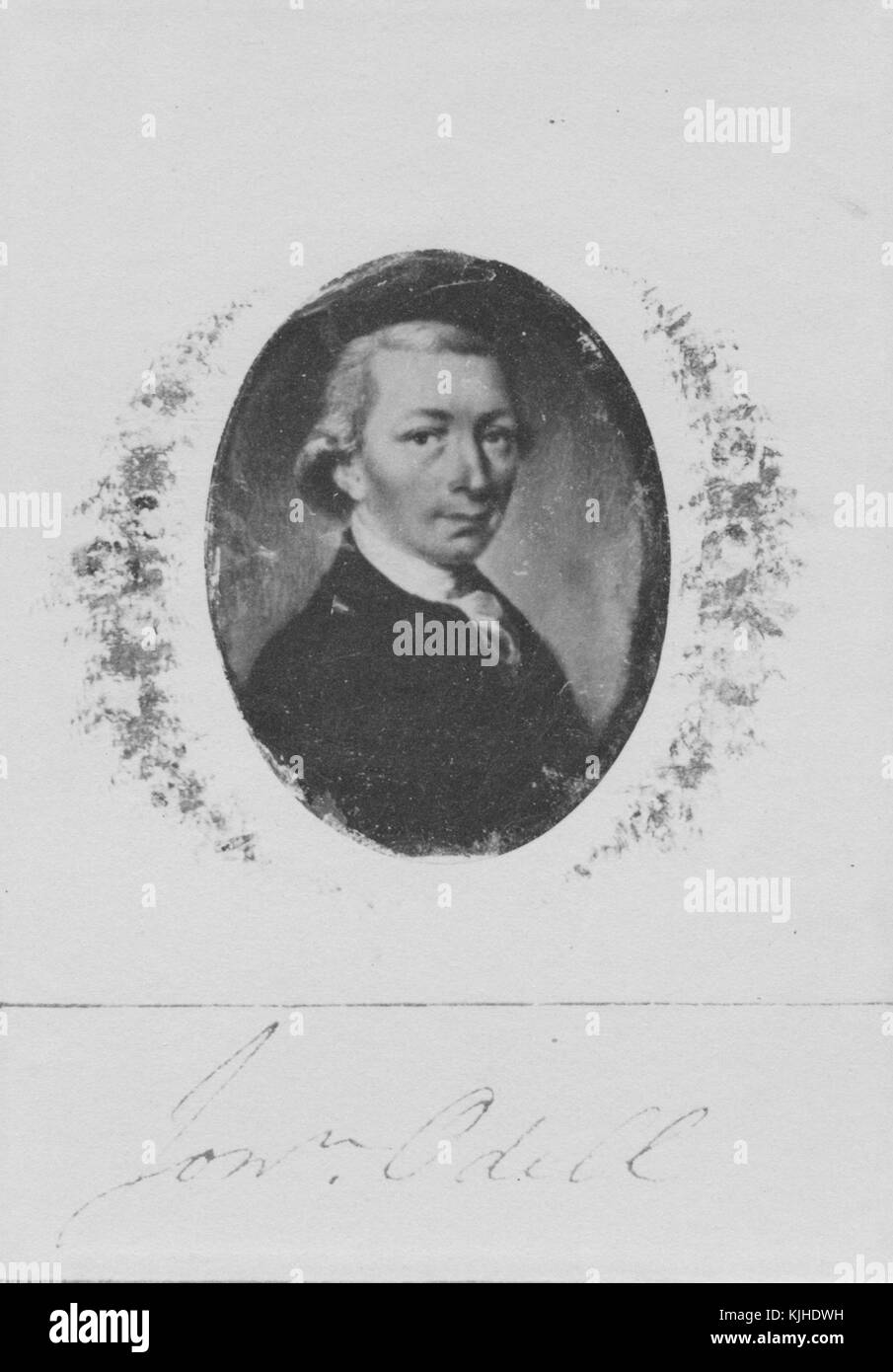 Portrait of Jonathan Odell, a Loyalist poet who lived during the American Revolution, his signature copied at the bottom, 1800. From the New York Public Library. Stock Photo