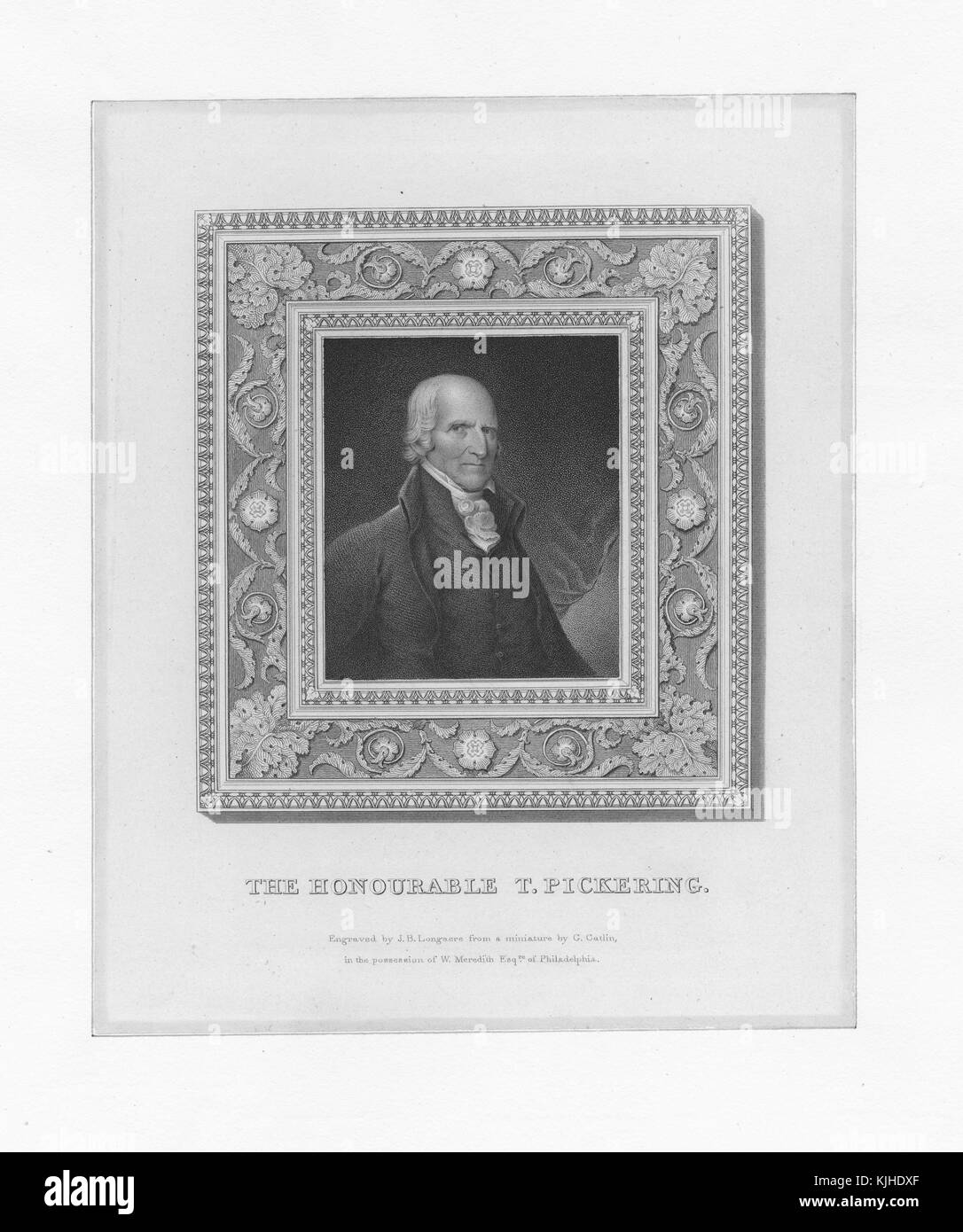 Stipple engraving portrait of Timothy Pickering, third United States Secretary of State, serving in that office from 1795 to 1800 under Presidents George Washington and John Adams, featured within an ornate frame, Philadelphia, Pennsylvania, 1880. From the New York Public Library. Stock Photo
