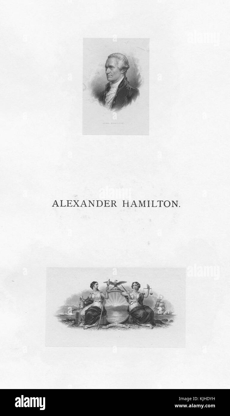 Page depicting two small engravings, the top one of Alexander Hamilton, a Founding Father of the United States, chief staff aide to General George Washington, the founder of the nation's financial system, the founder of the Federalist Party, the Father of the United States Coast Guard, and the founder of The New York Post, as the first Secretary of the Treasury, Hamilton was the primary author of the economic policies of the George Washington administration, the bottom one depicting justice, a bald eagle, and naval themes, New York, 1800. From the New York Public Library. Stock Photo